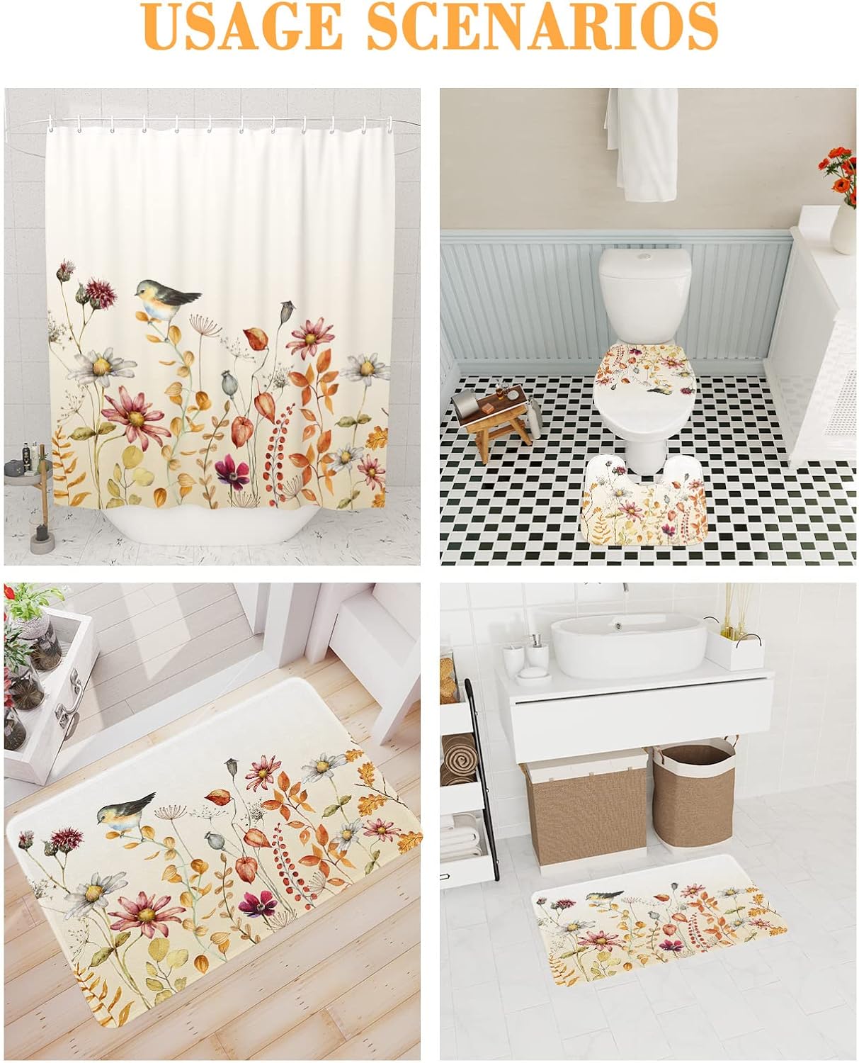 ZOE GARDEN Fall Flower Bird Bathroom Set with Curtain and Rug
