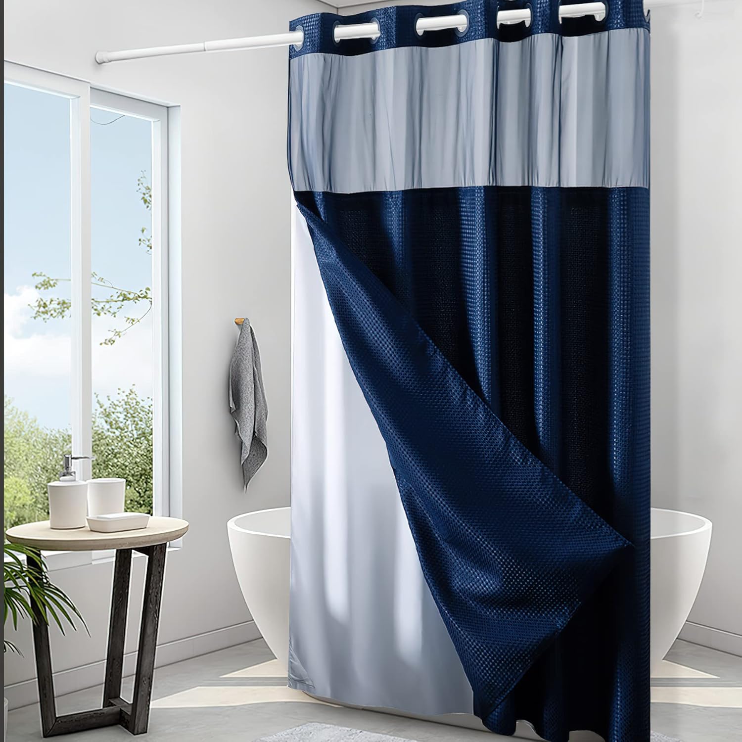 Furlinic No Hook Waffle Shower Curtain Set Navy Blue 36x72 Inch