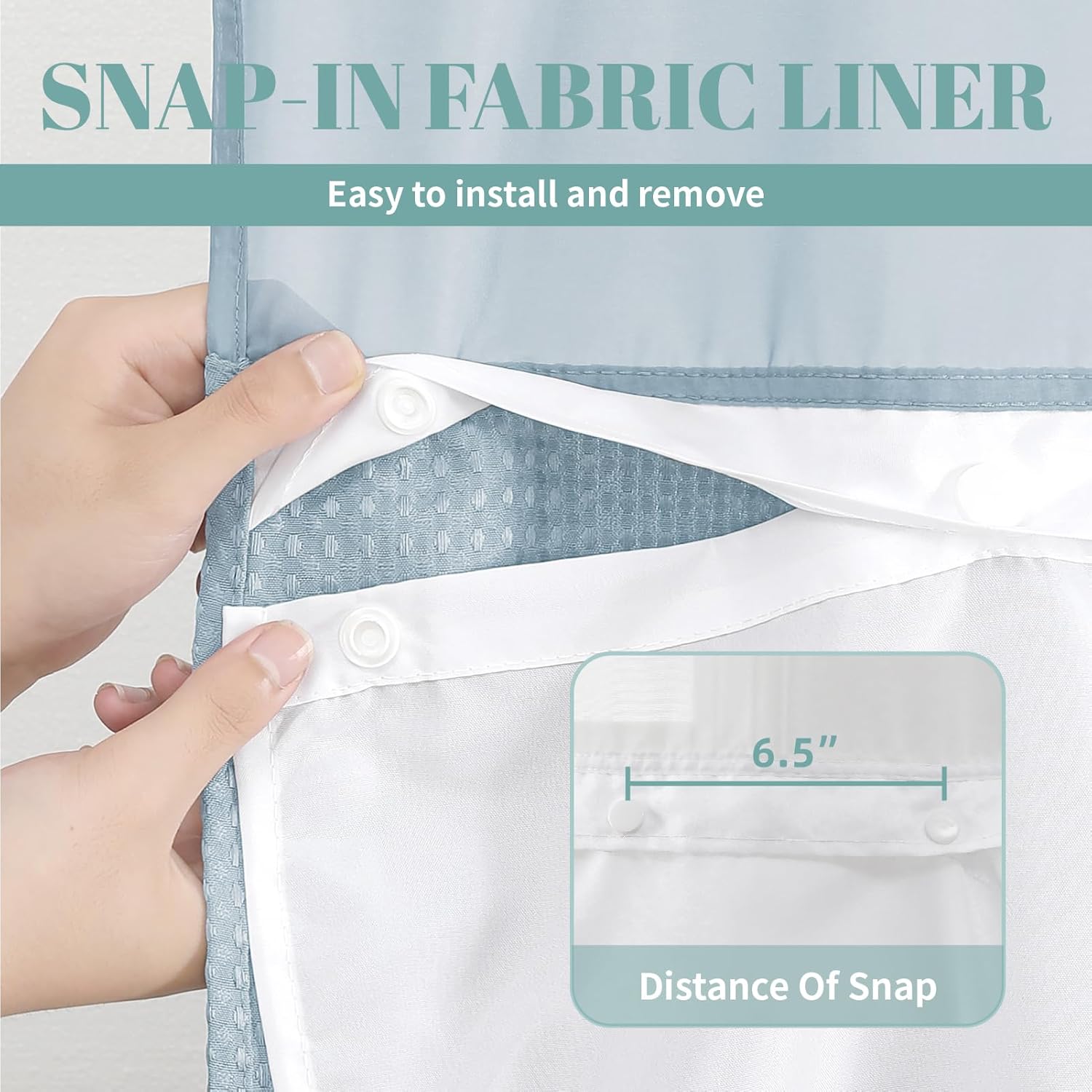 Teal Waffle Weave Shower Curtain Set with Snap-In Liner No Hooks