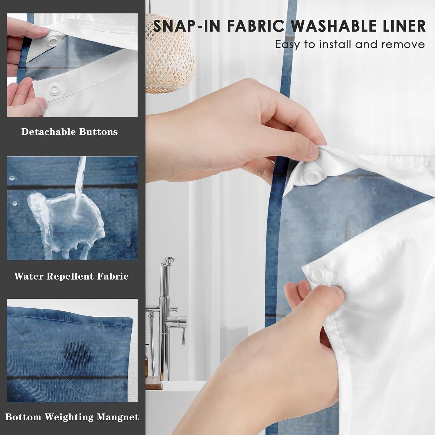Nesphy Navy Blue No Hook Anchor Wooden Board Shower Curtain Set