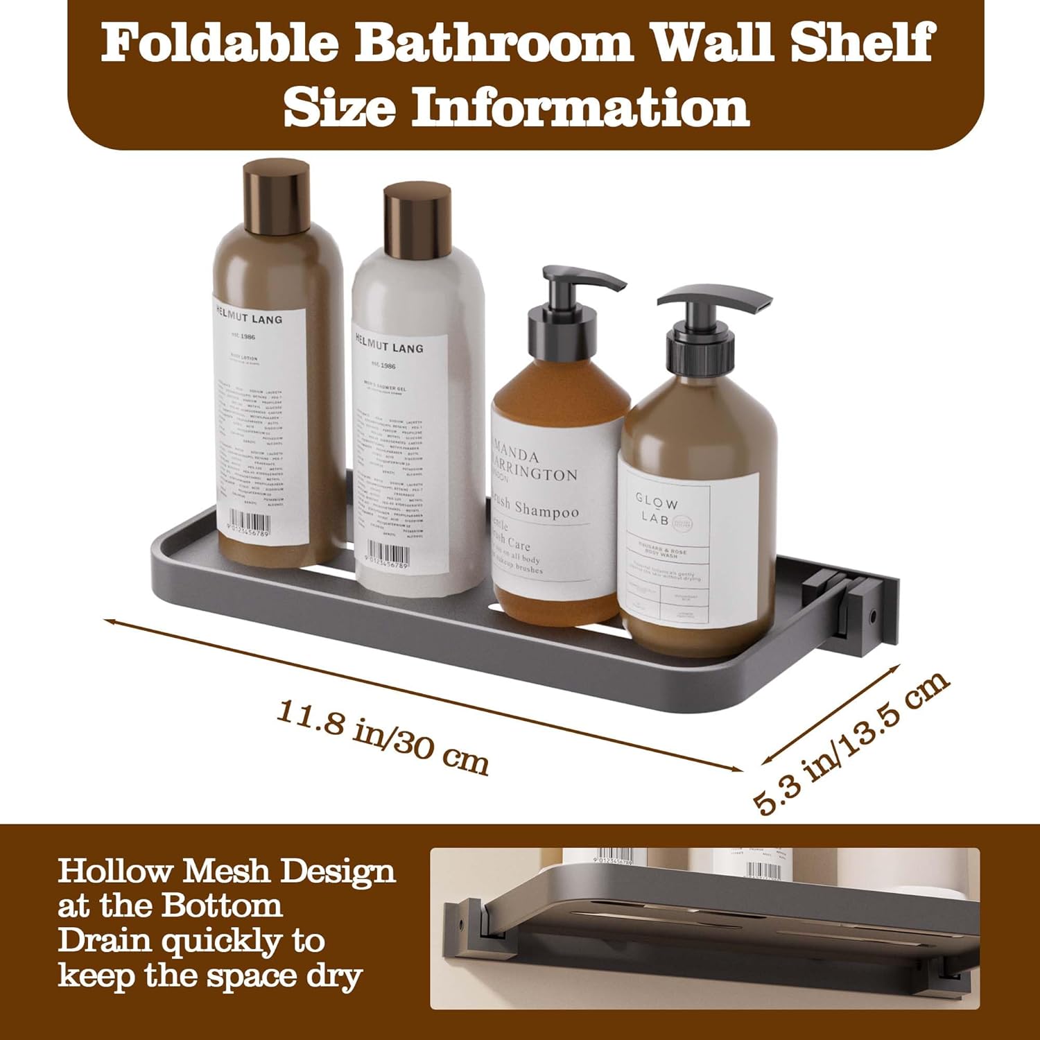 2 Pack Folding Wall Shelf for Bathroom Waterproof Aluminum 12 Inch Grey