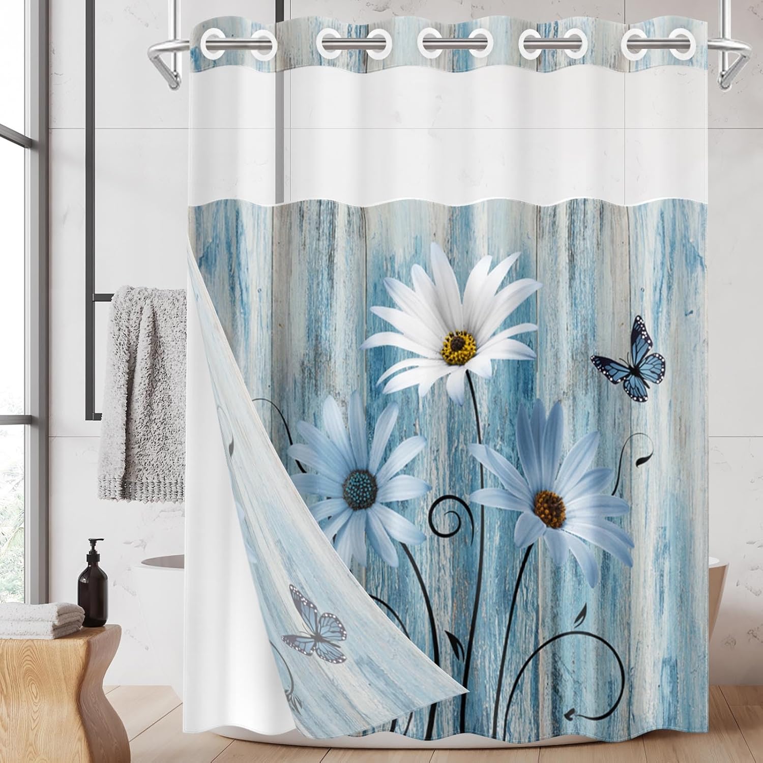 Nesphy No Hook Blue Daisy Shower Curtain Set