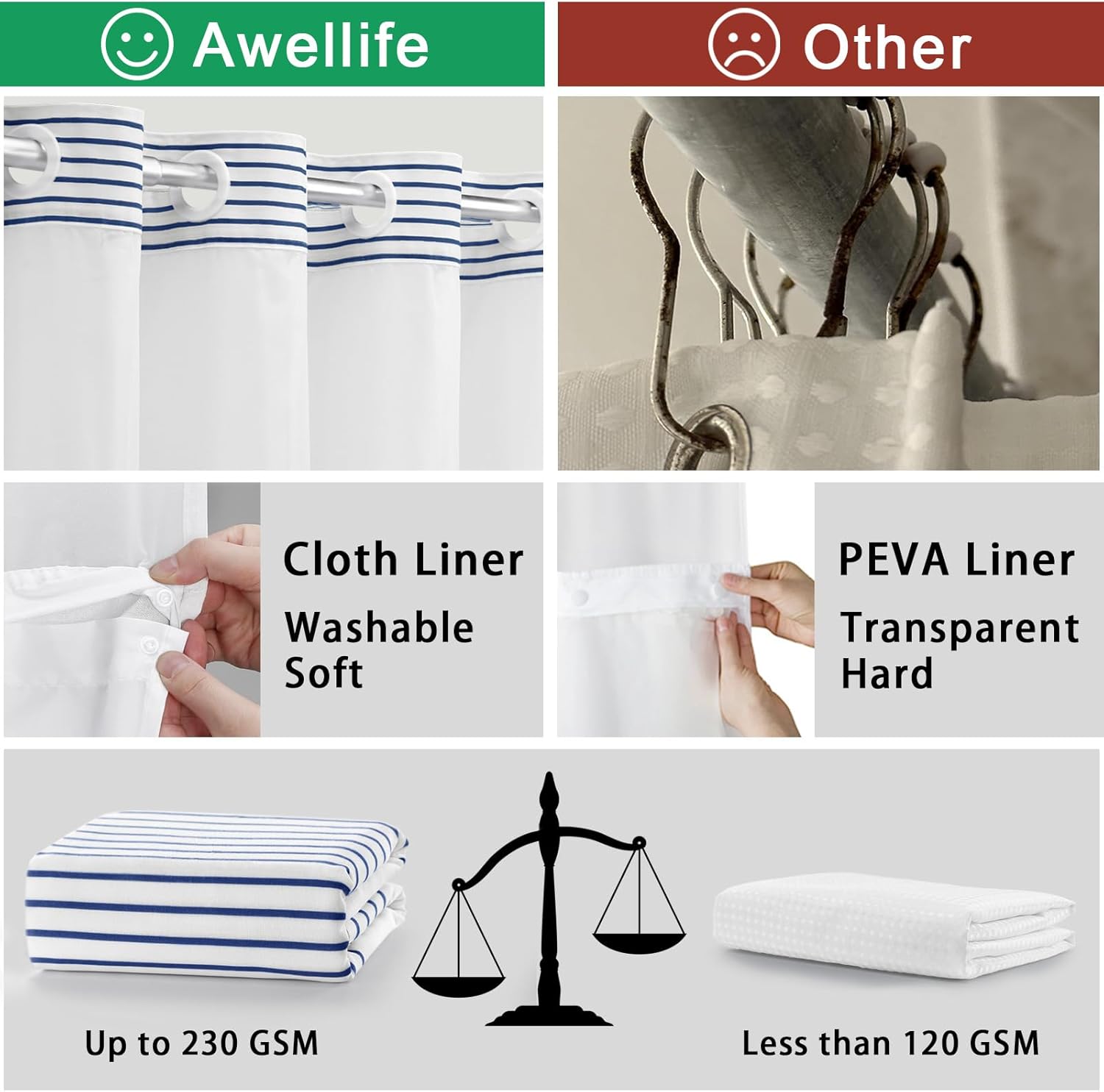 Awellife Boho Navy Striped Shower Curtain Set