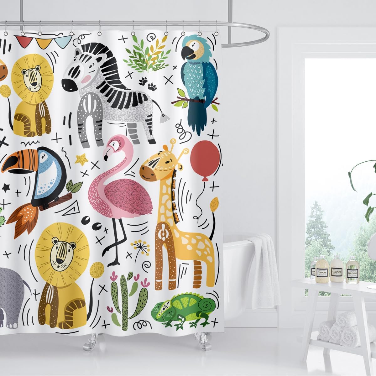 Cute Animal Shower Curtain Set with 12 Plastic Hooks