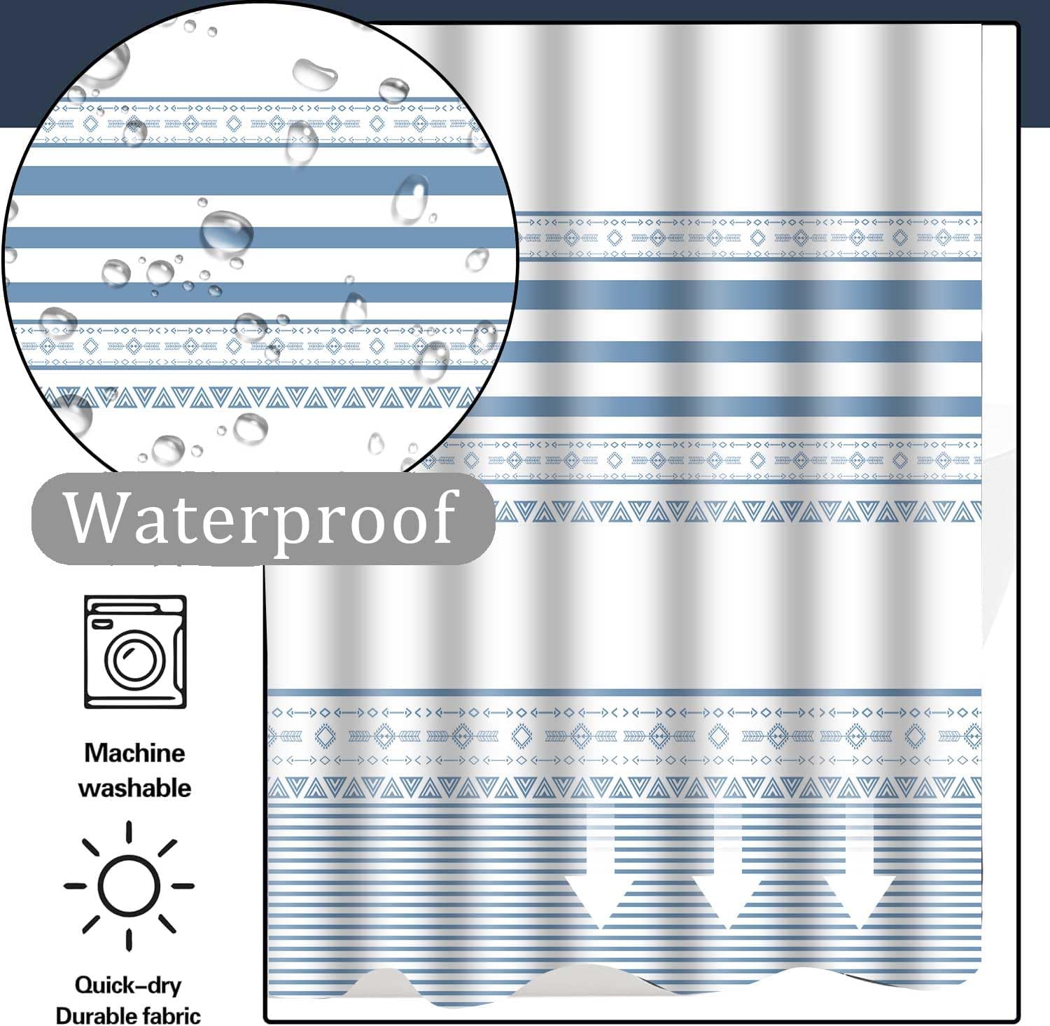 TERSUM No Hook Blue Striped Shower Curtain Set with Snap Liner 71x74 Inch