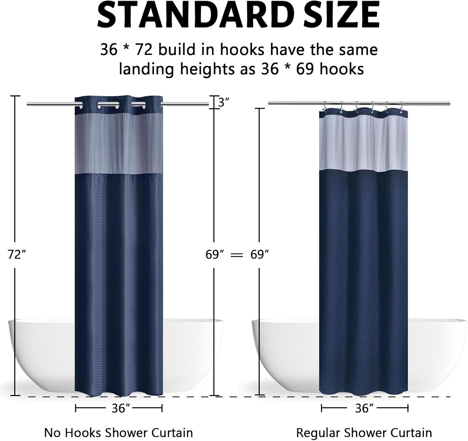 Furlinic No Hook Waffle Shower Curtain Set Navy Blue 36x72 Inch