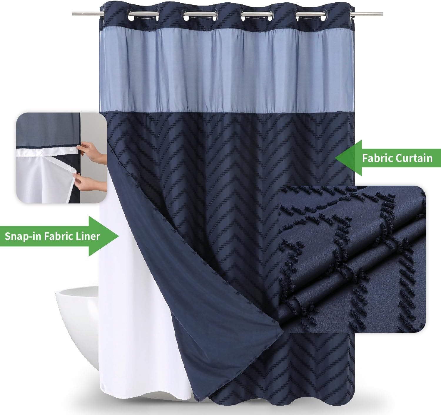 Navy Blue Tufted Chevron Shower Curtain Set with Snap-in Liner