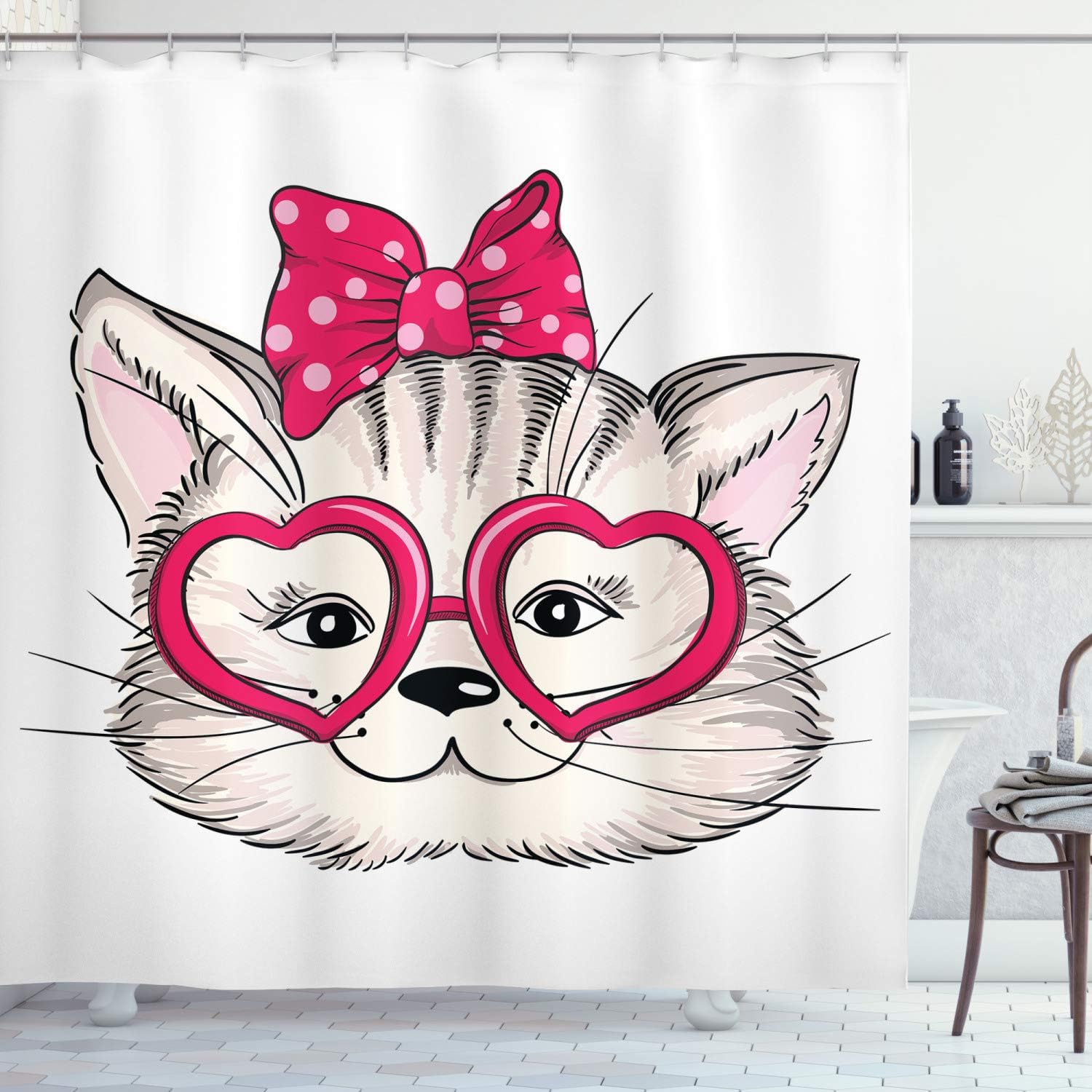 Ambesonne Cat Shower Curtain with Heart Shaped Glasses and Ribbon Teenager Design