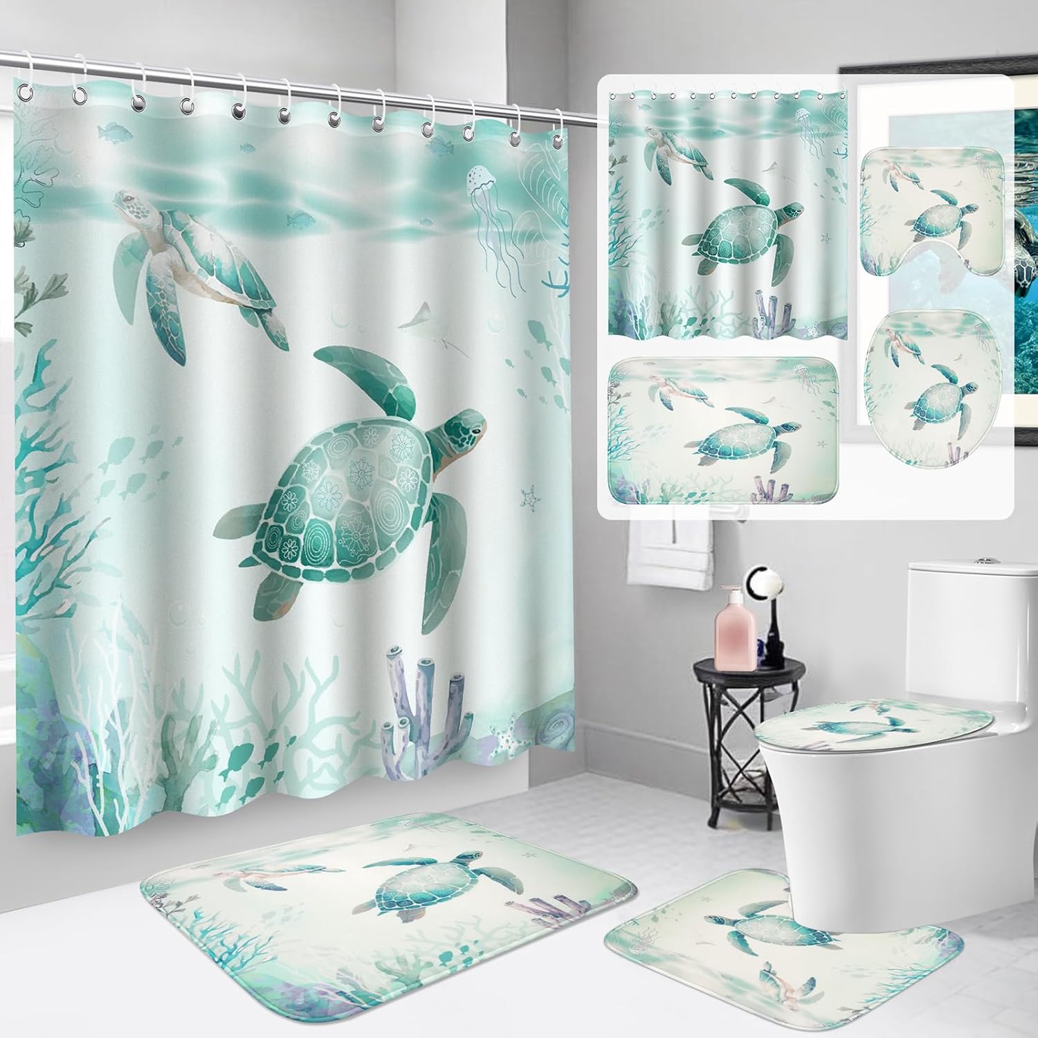 4Pcs Sea Turtle Shower Curtain Set with Non-Slip Rug and Hooks