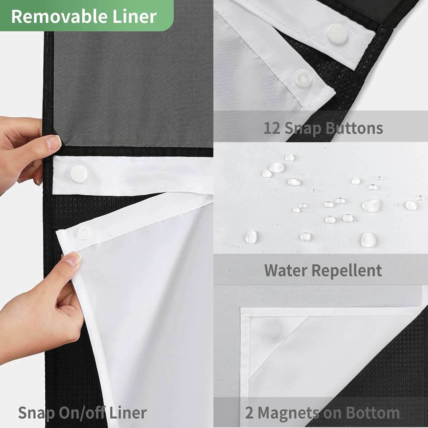 Eachope Black No Hook Shower Curtain with Snap-in Liner Set