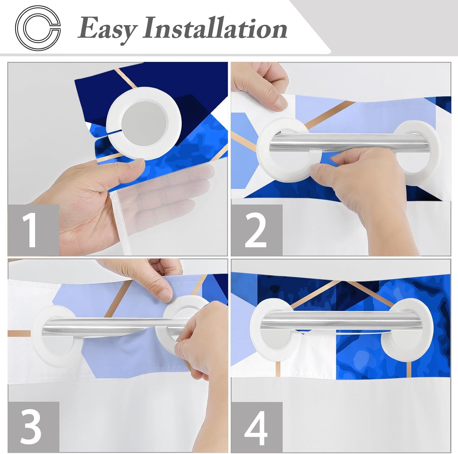 No Hook Royal Blue Shower Curtain with Snap-in Liner Set