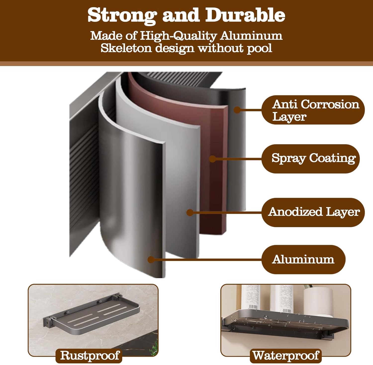 2 Pack Folding Wall Shelf for Bathroom Waterproof Aluminum 12 Inch Grey