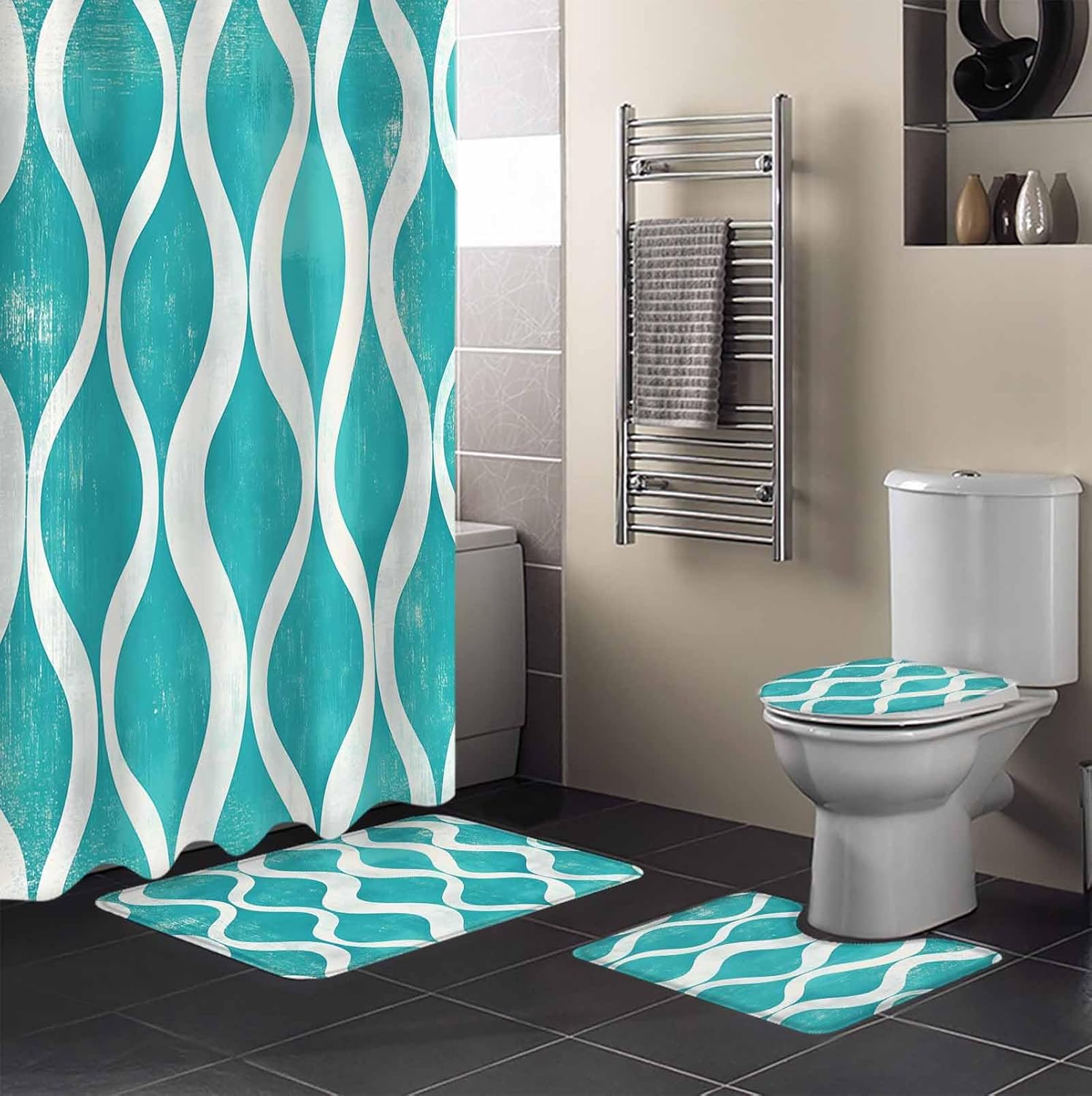 ZOE GARDEN Aqua White Wave Bathroom Set with Mat and Hooks