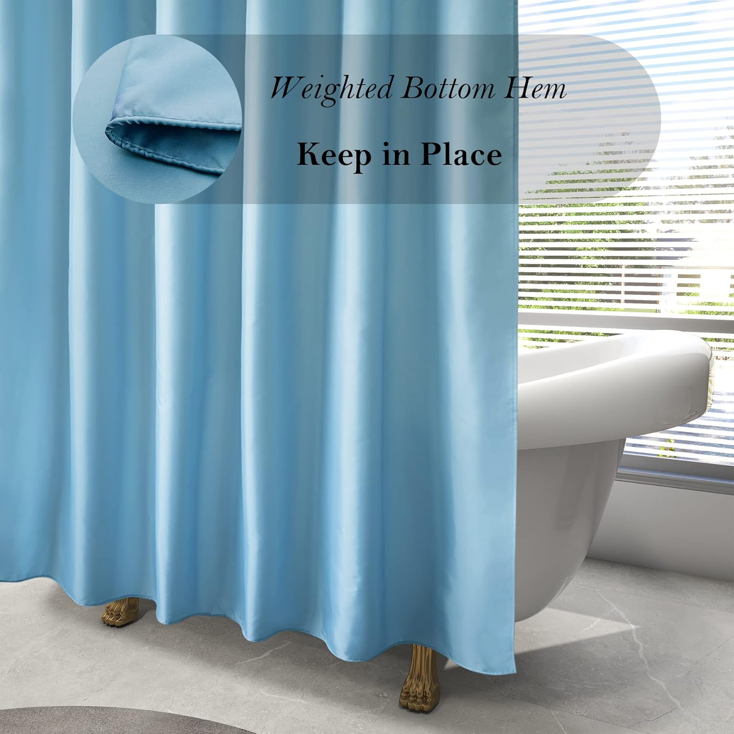 AooHome 48x72 inch Shower Liner with Hooks and Weighted Hem - Blue