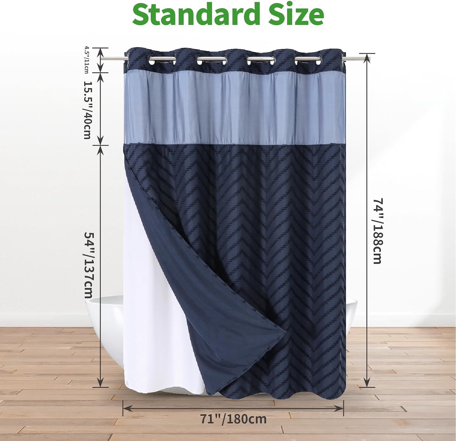 Navy Blue Tufted Chevron Shower Curtain Set with Snap-in Liner