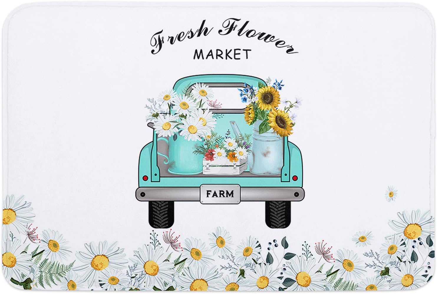 Blue Truck Bath Mat with Daisy and Sunflower 16x24In