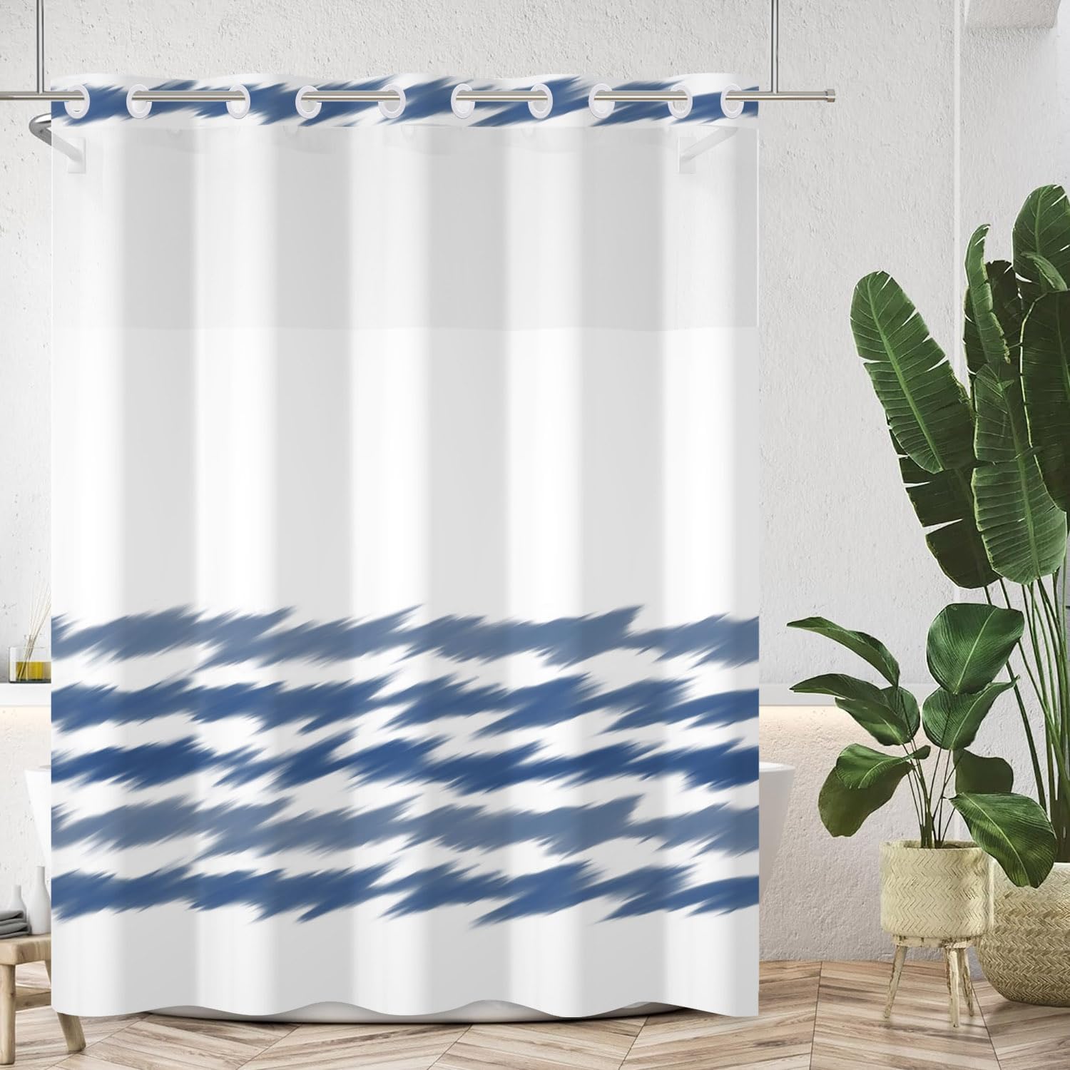 No Hook Blue Striped Shower Curtain Set with Snap Liner and Mesh
