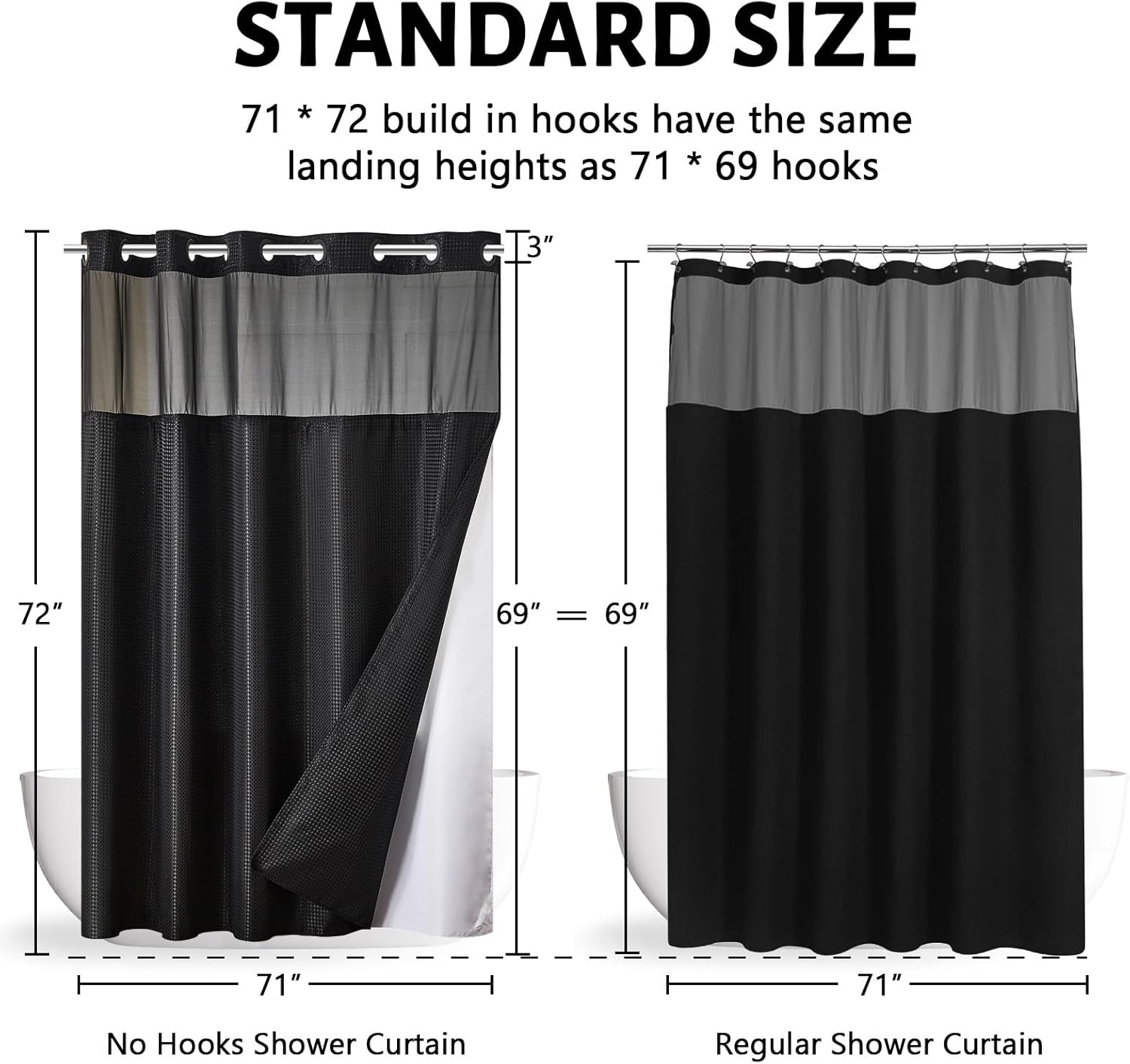 Furlinic Black No Hook Double Shower Curtain Set with Snap Liner