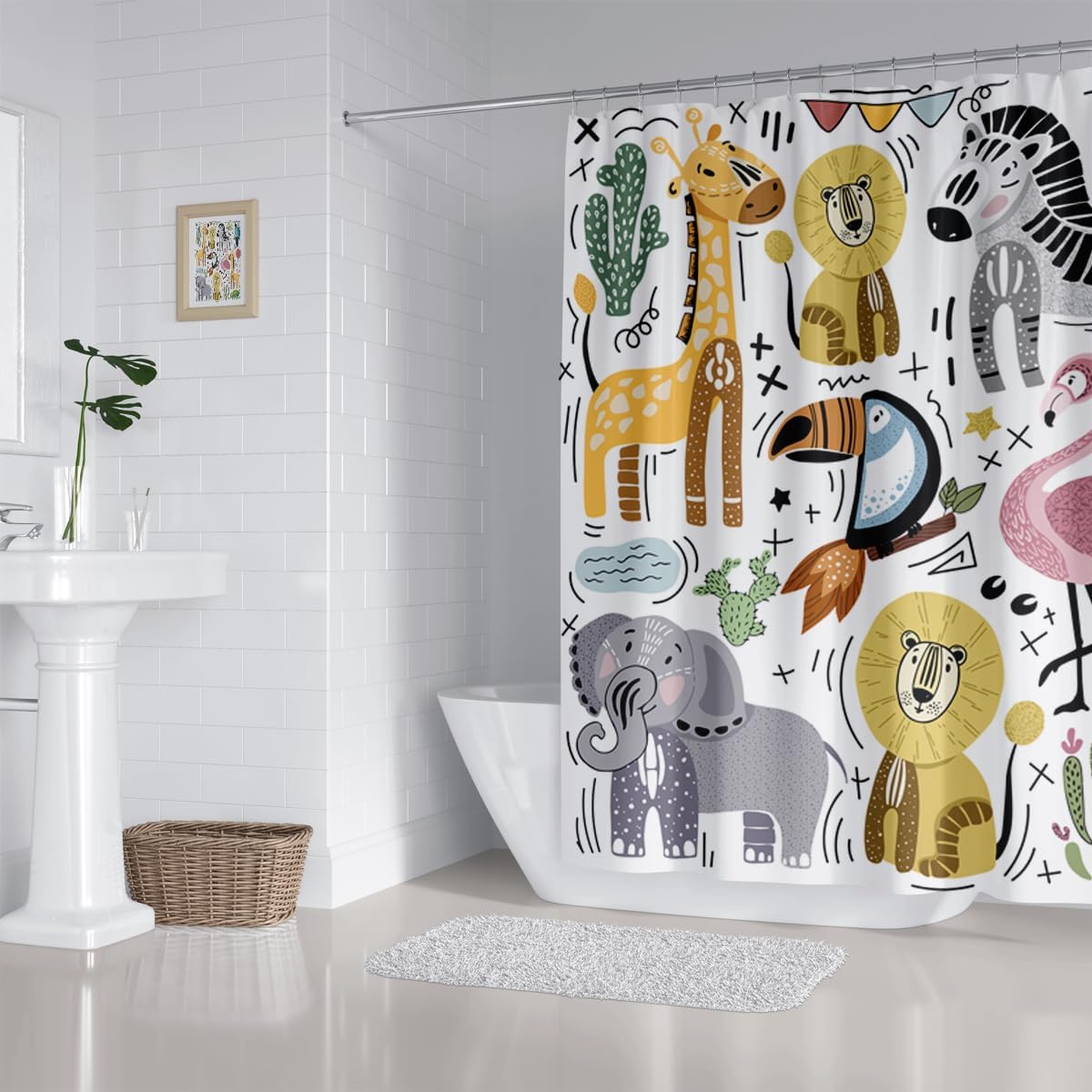 Cute Animal Shower Curtain Set with 12 Plastic Hooks