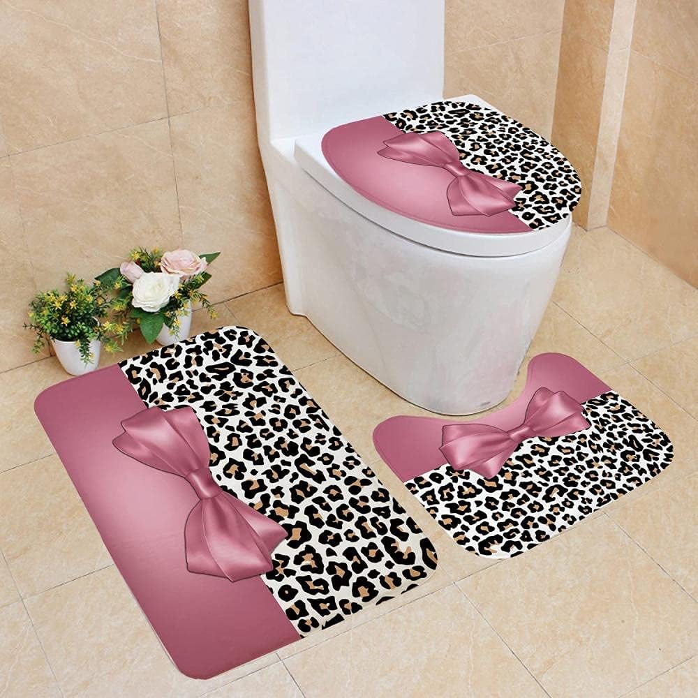 Uphome Leopard Print Bath Mat with Pink Bowknot