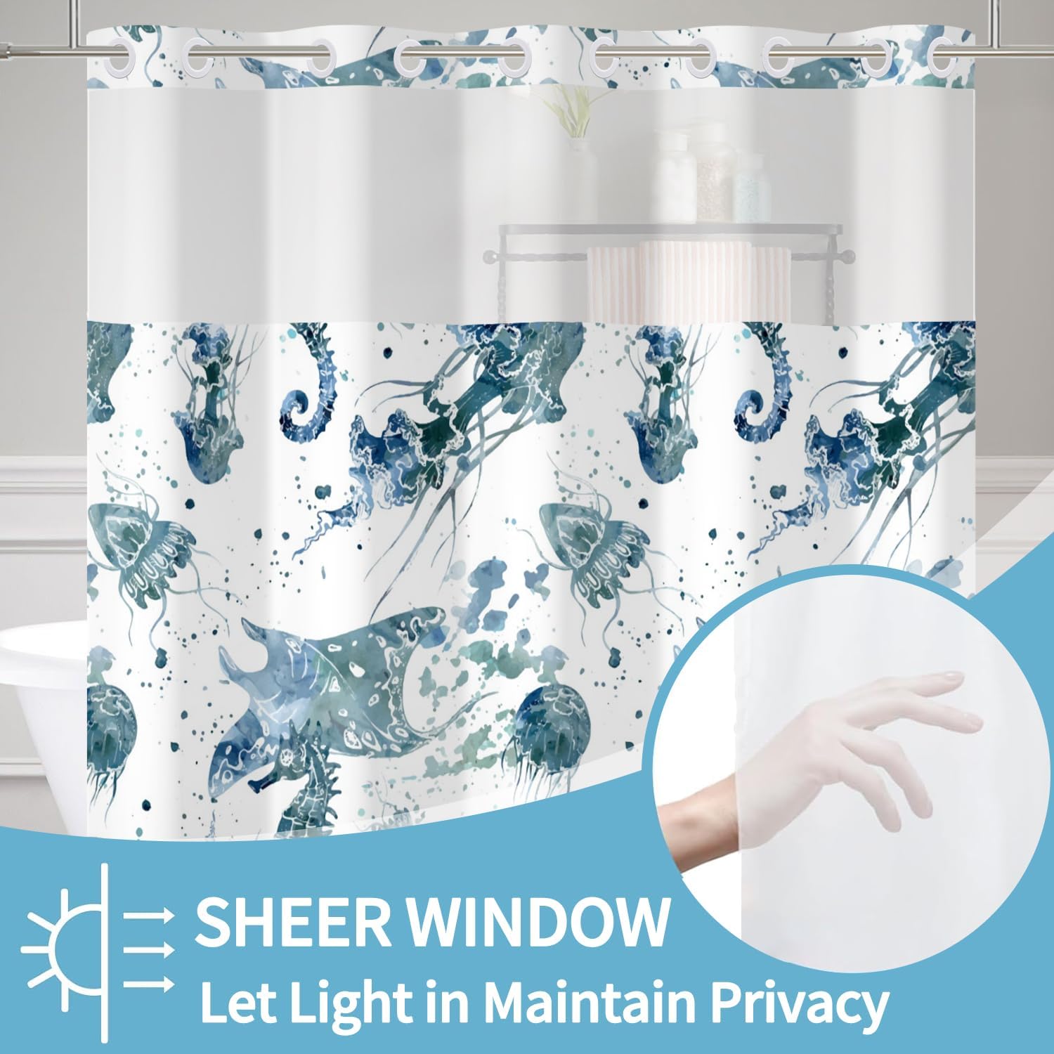 No Hook Shower Curtain with Snap Liner Set 71x74 Inch