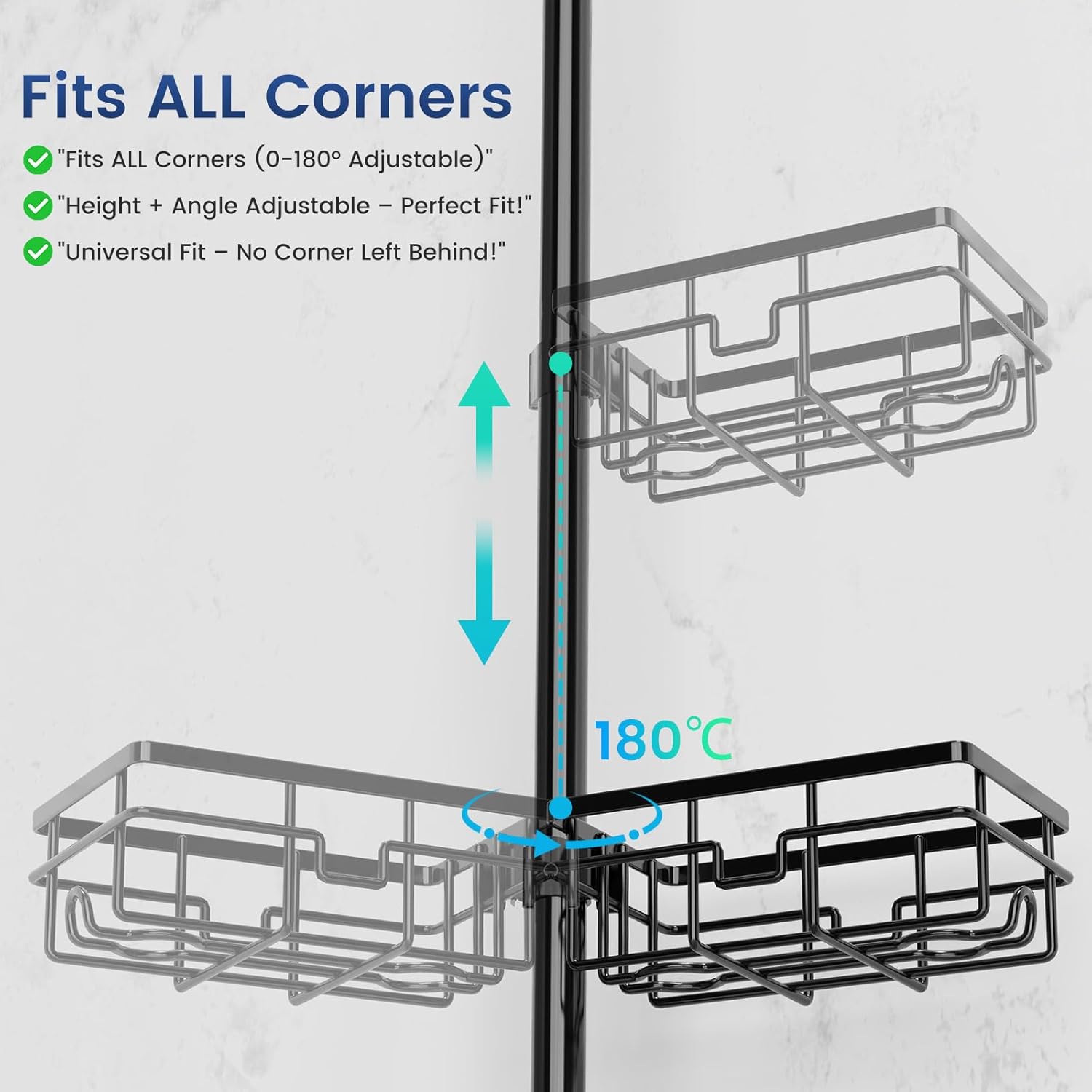 Mixoo Corner Shower Caddy - Adjustable Tension Pole with 6 Shelves