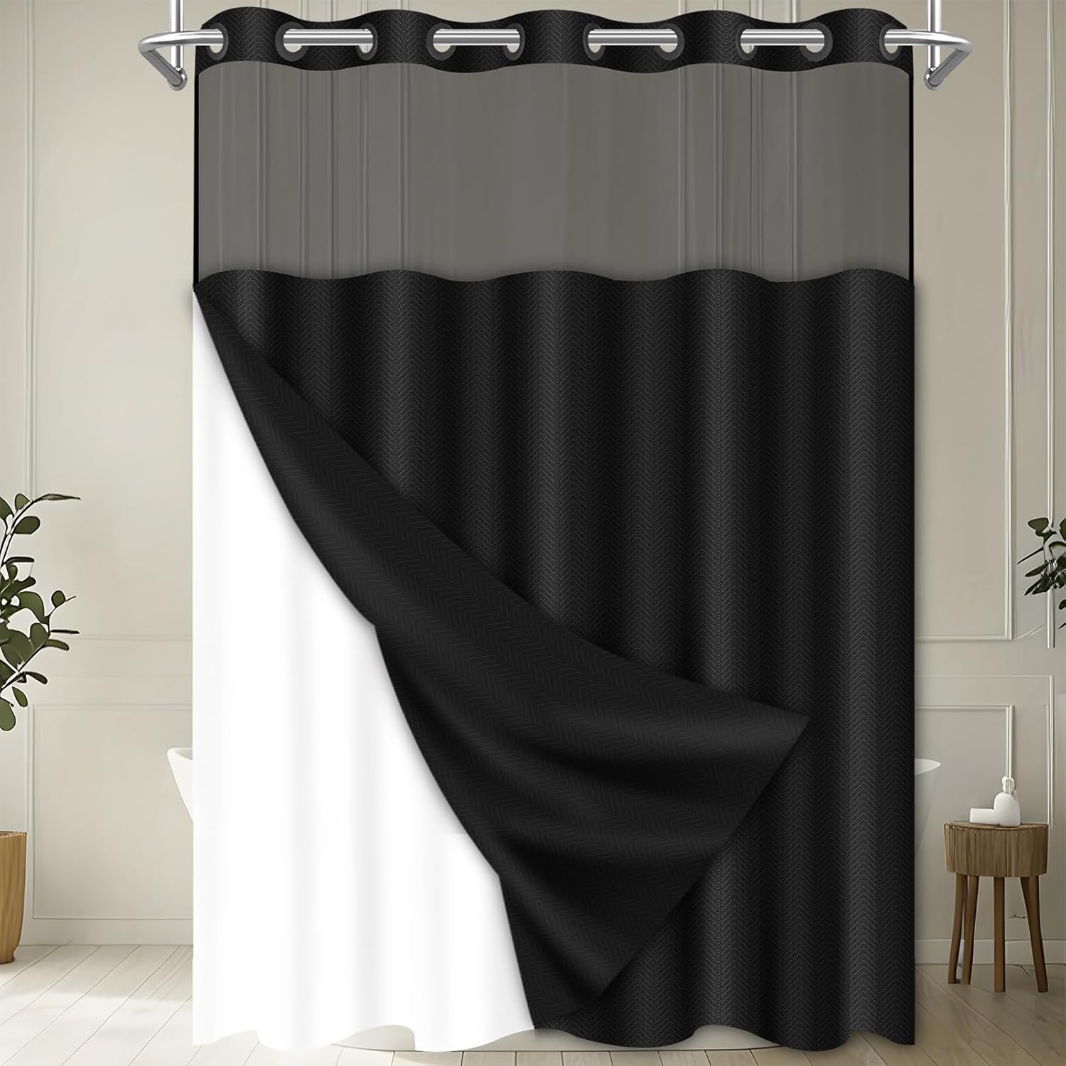 Wyljljy No Hook Shower Curtain Set with Mesh Window