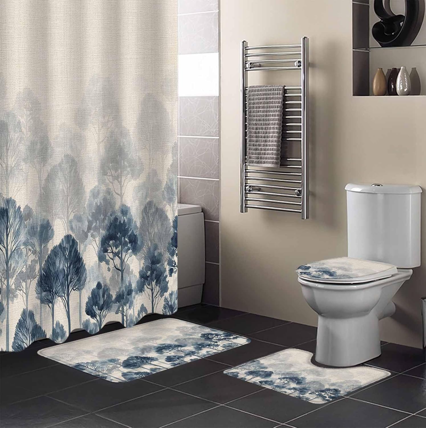 Blue Forest Bathroom Set with Shower Curtain and Rug