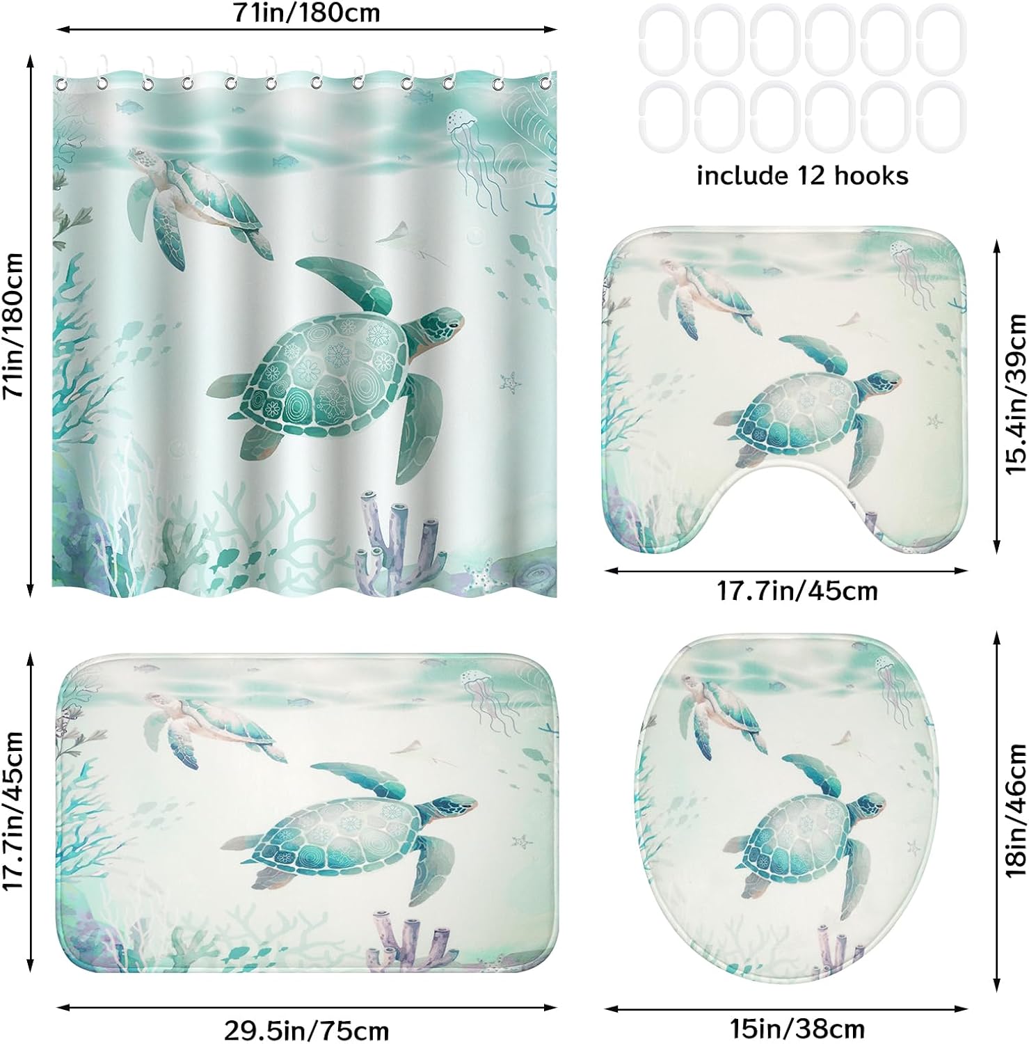4Pcs Sea Turtle Shower Curtain Set with Non-Slip Rug and Hooks
