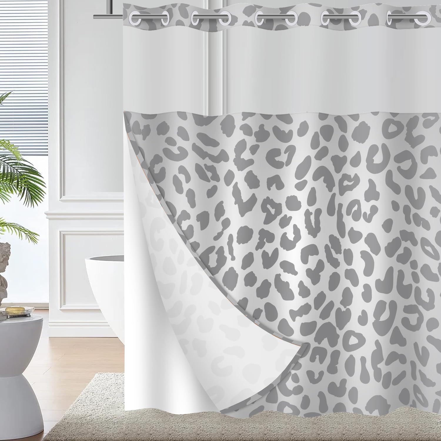 Cognitixx No Hook Shower Curtain Set Snow White and Leopard Grey Scale