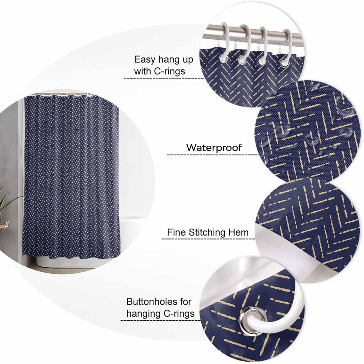 ZOE GARDEN Navy Blue Gold Striped Shower Curtain Set 1