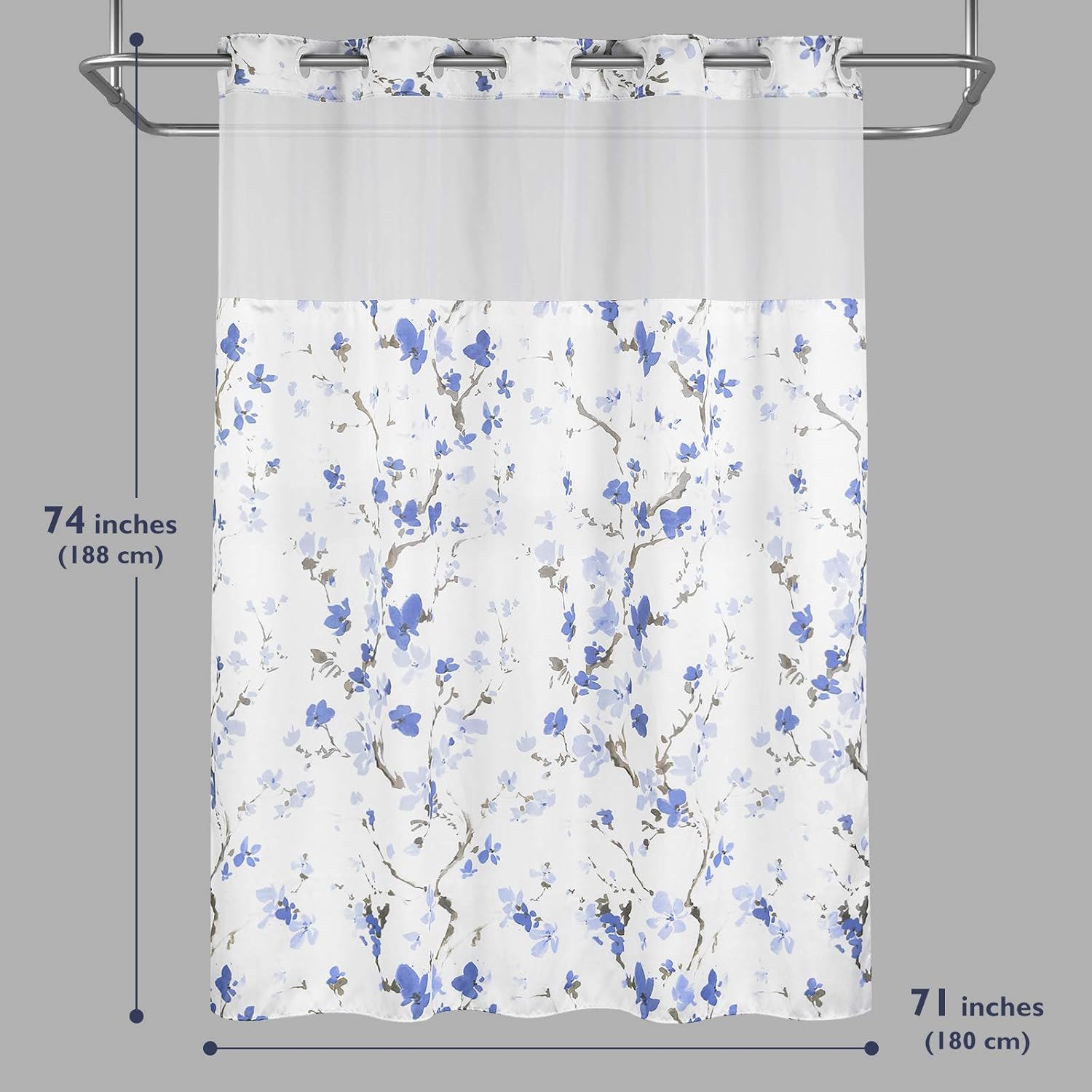 Lagute SnapHook Hook Free Shower Curtain with Liner and Mesh Window Blue Blossom
