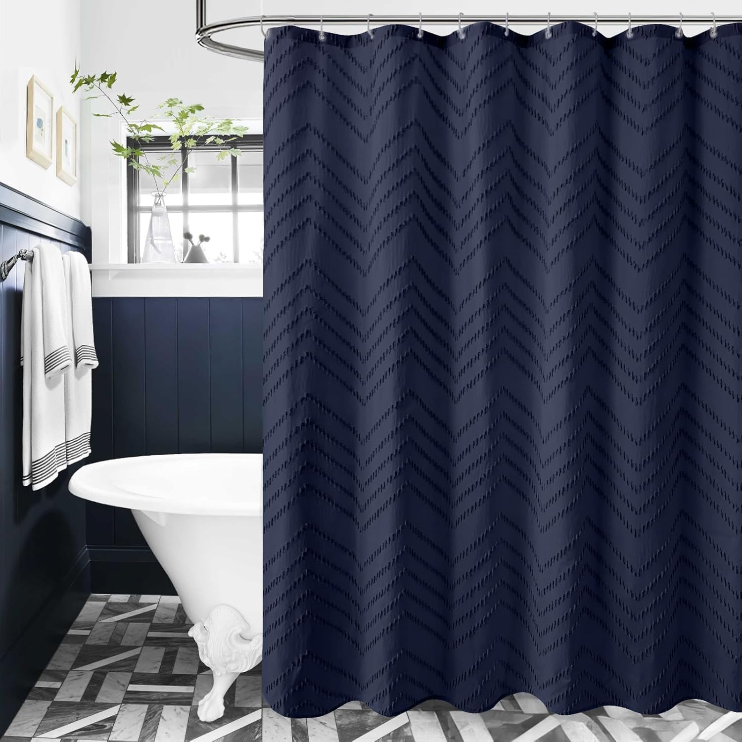 Navy Blue Tufted Chevron Shower Curtain Set