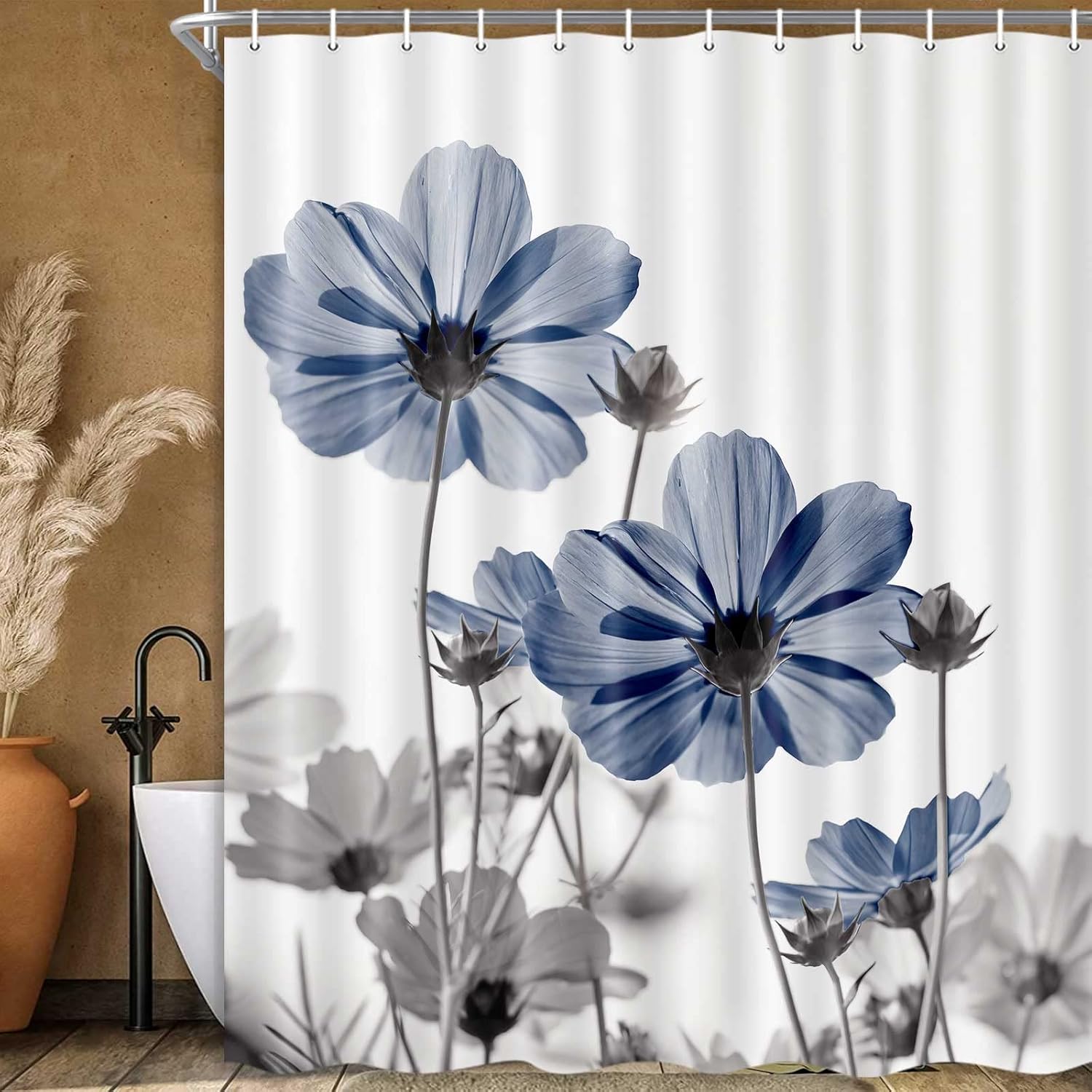 MERCHR Blue Grey Daisy Floral Shower Curtain Set 71x71 Inches