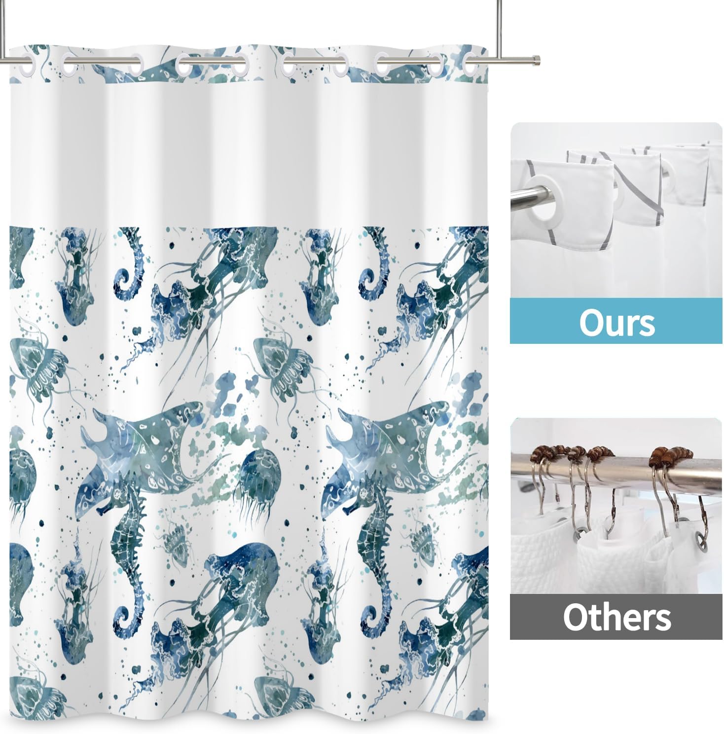 No Hook Shower Curtain with Snap Liner Set 71x74 Inch