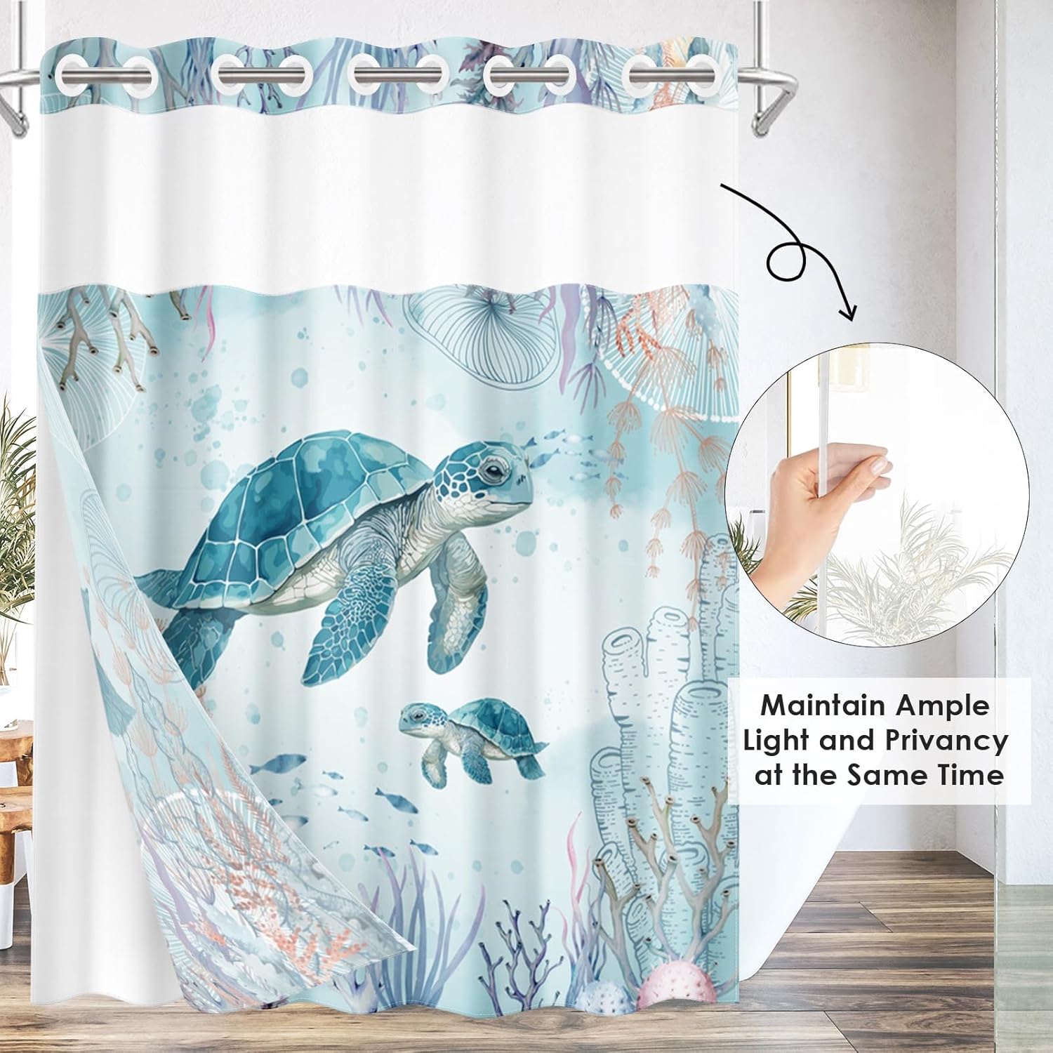 Nesphy No Hook Sea Turtles Shower Curtain Set