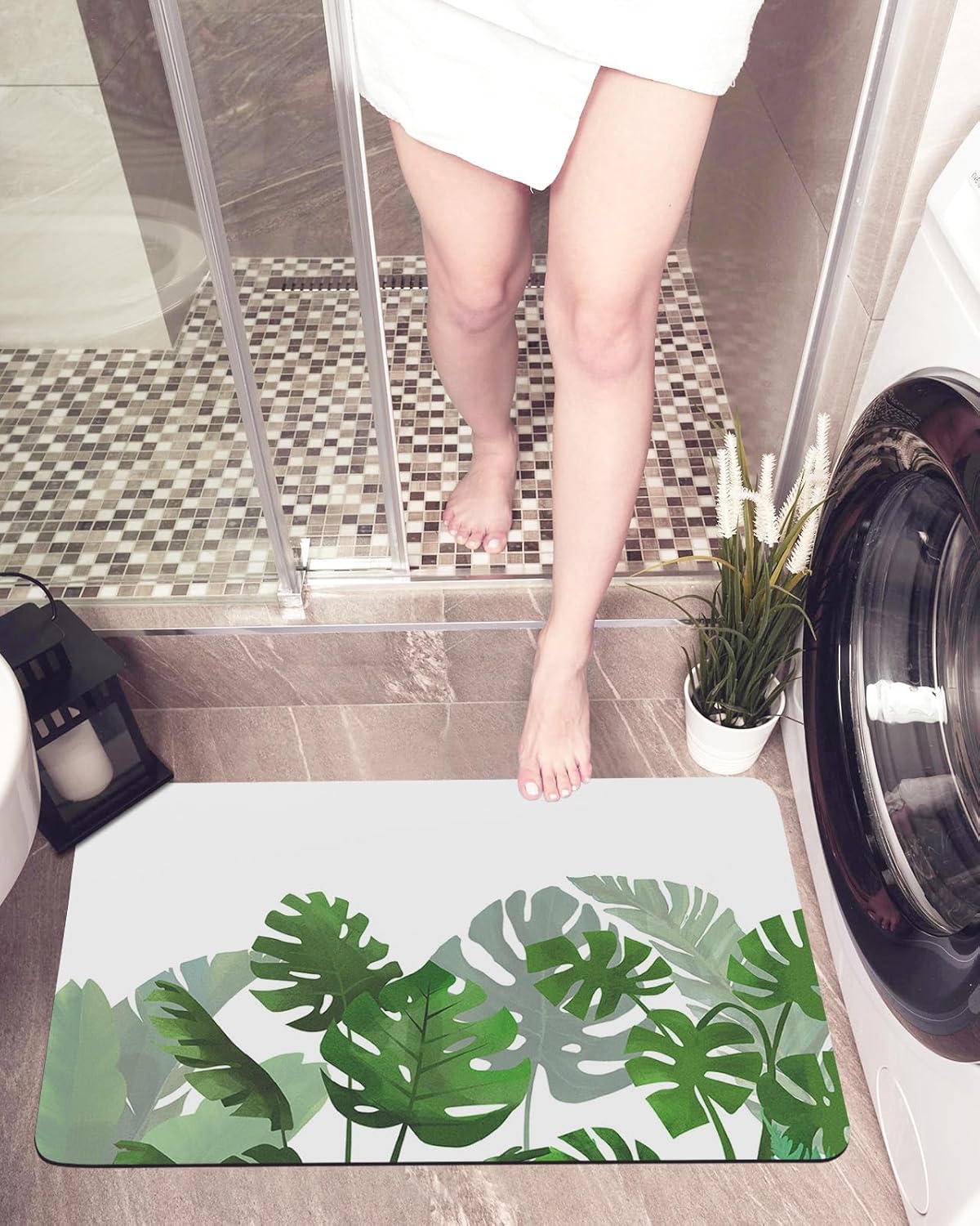 Monstera Green Bath Mat 16x24In Non-Slip Washable