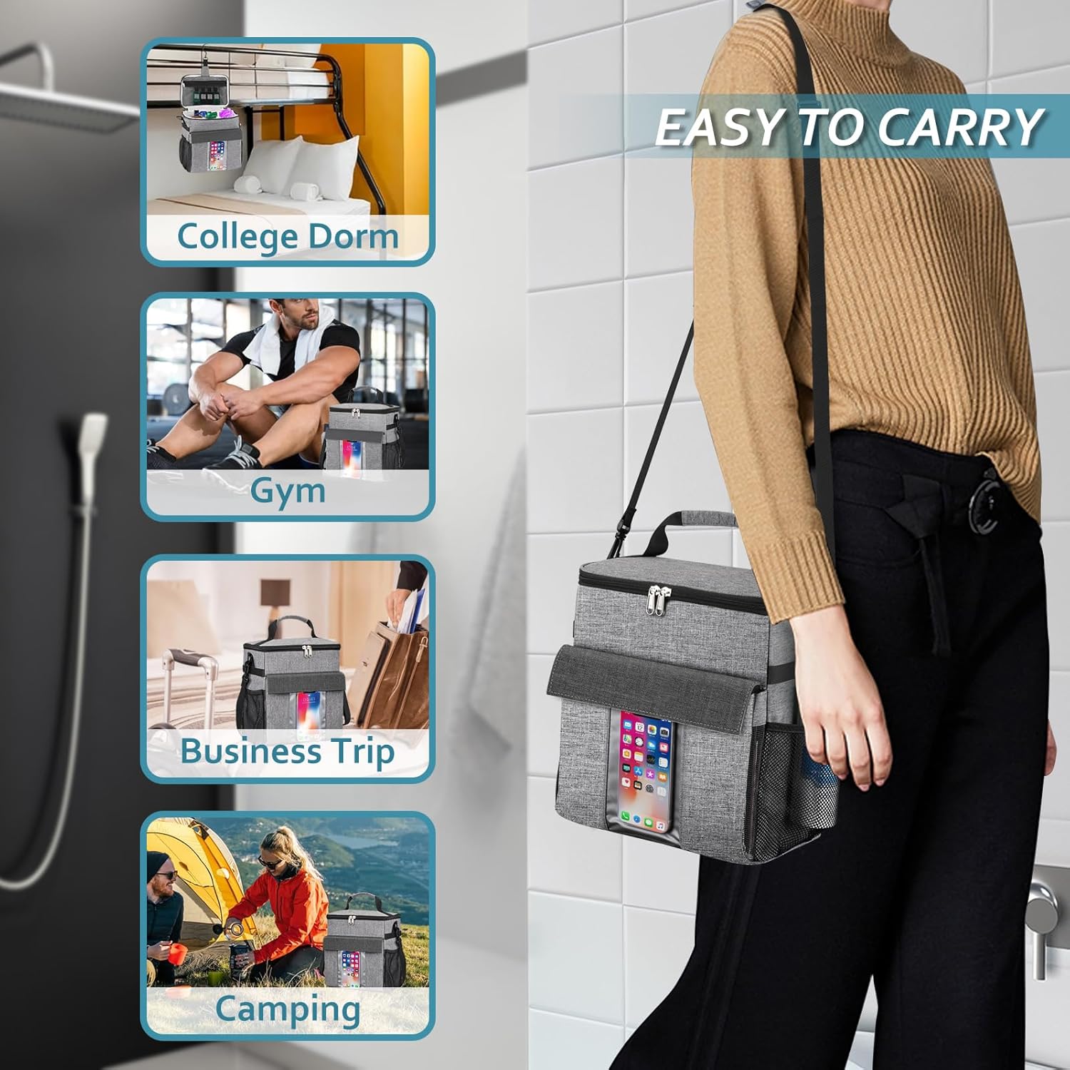 SKYREH Portable Shower Caddy Tote Bag with Shoes and Phone Compartment Gray