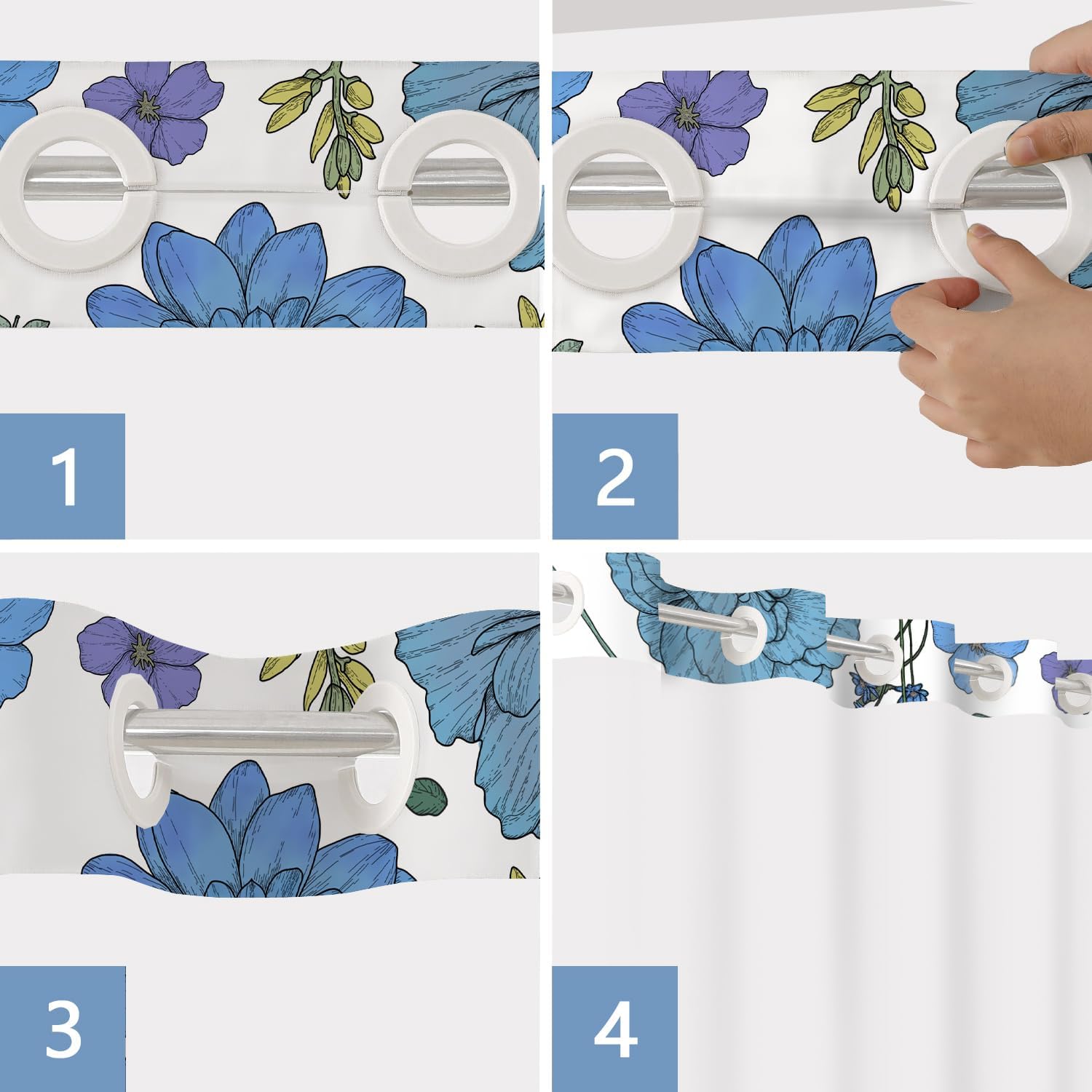 Boho Floral Shower Curtain Set with Snap Liner Blue and White