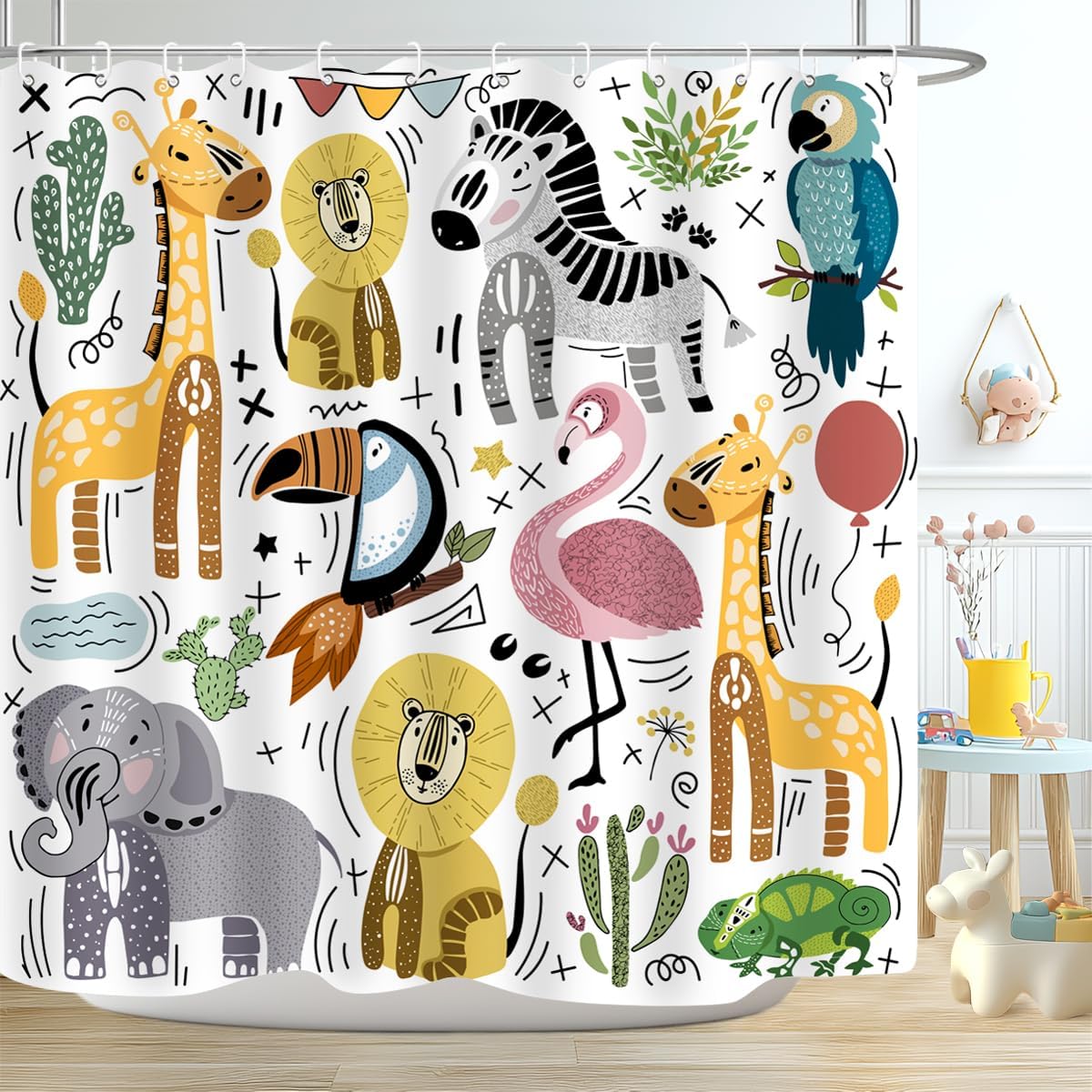 Cute Animal Shower Curtain Set with 12 Plastic Hooks