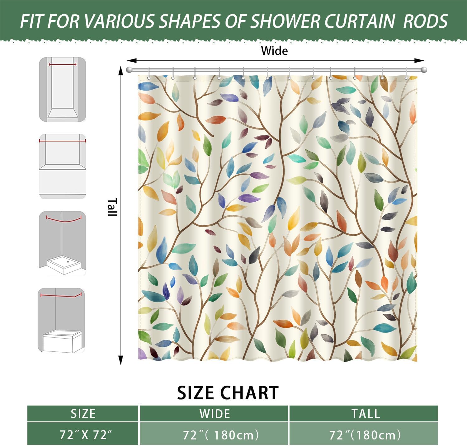 Boho Floral Shower Curtain with 12 Hooks 72x72 Inches