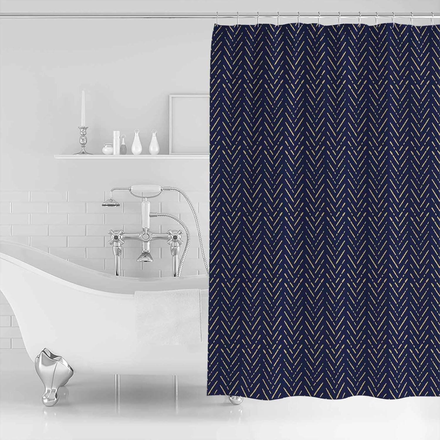 ZOE GARDEN Navy Blue Gold Striped Shower Curtain Set 1