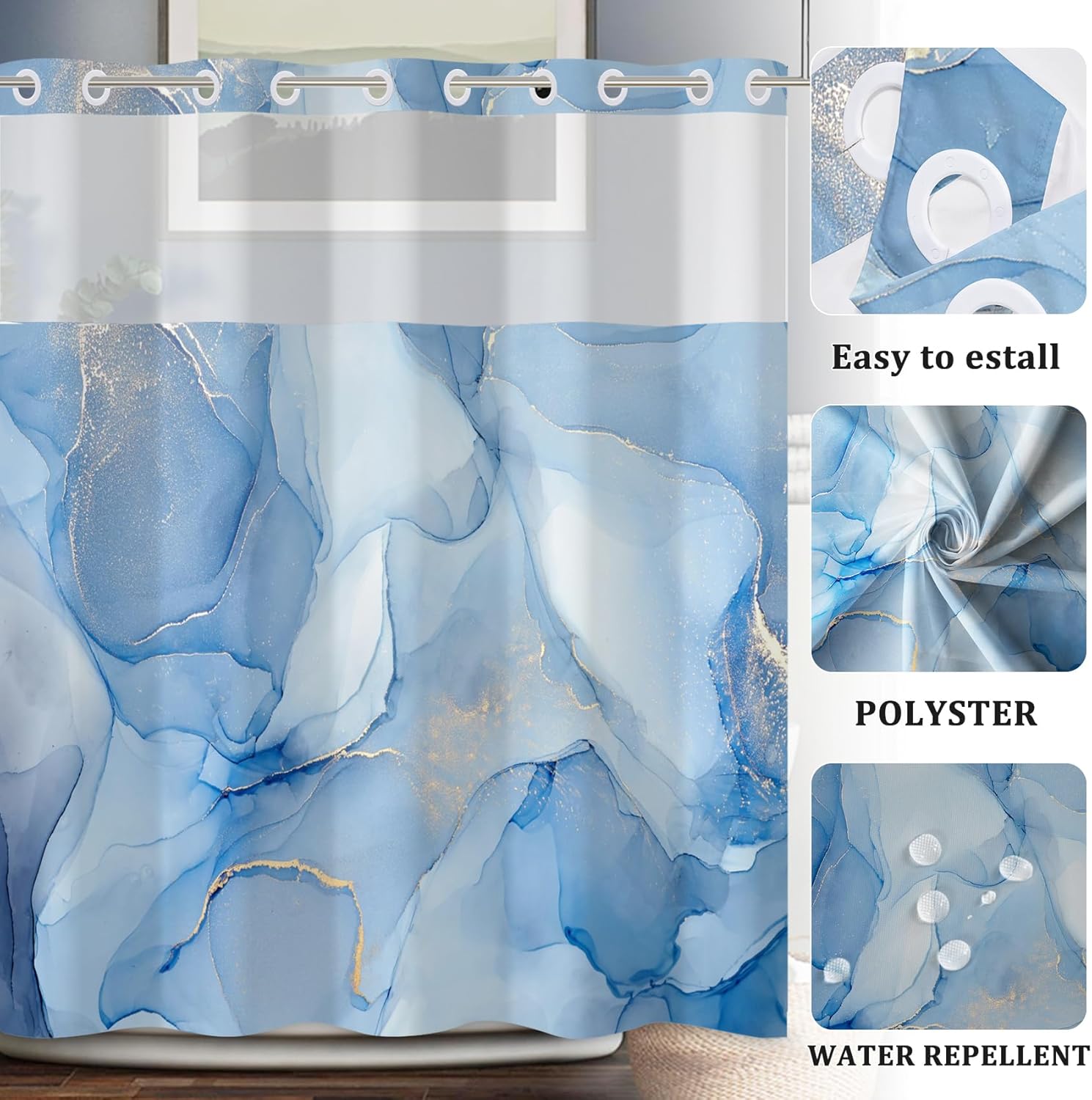 Baocicco Blue Marble Shower Curtain Set 71x74 Inch