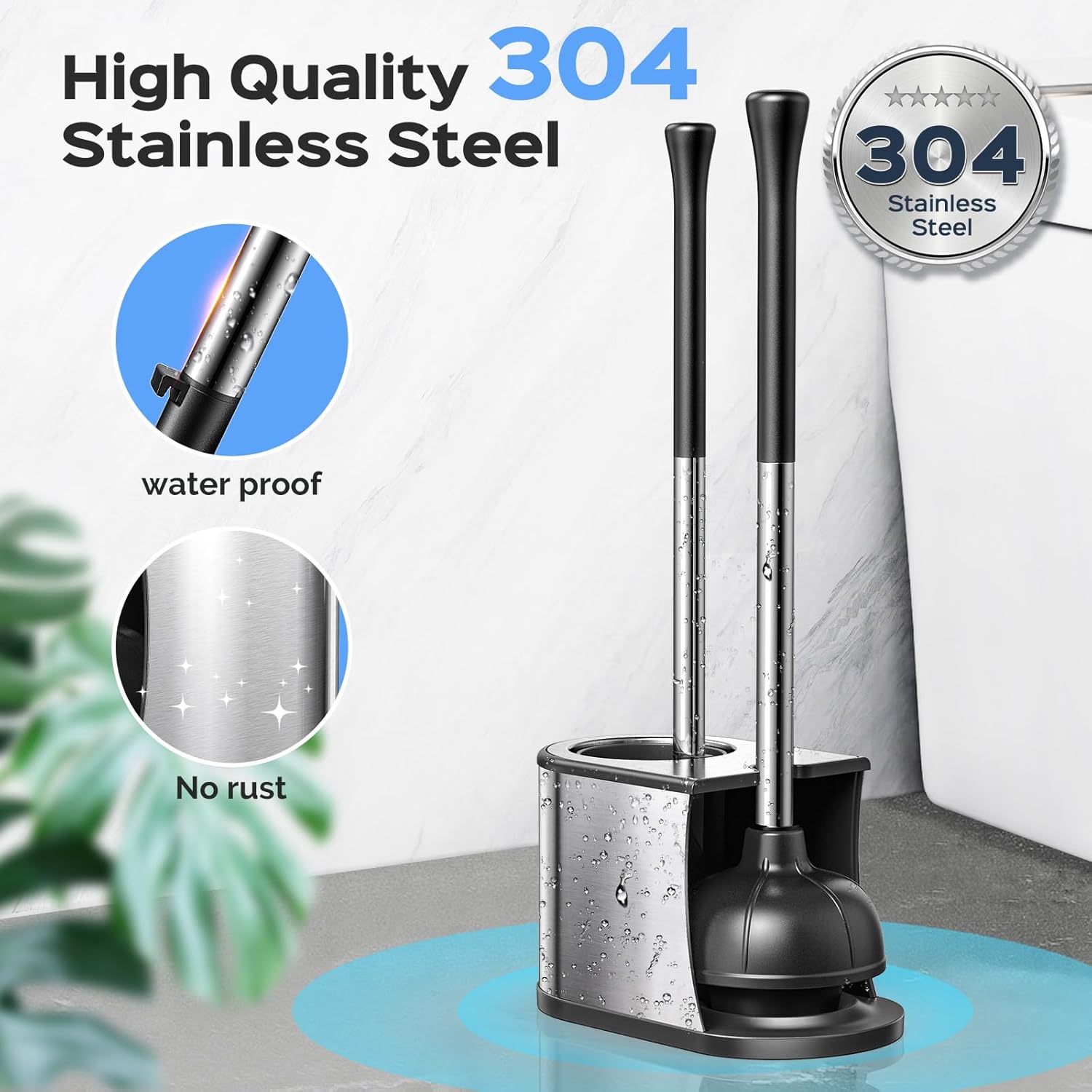 HAMITOR Toilet Plunger and Brush Set - 2 in 1 Heavy Duty Stainless Steel