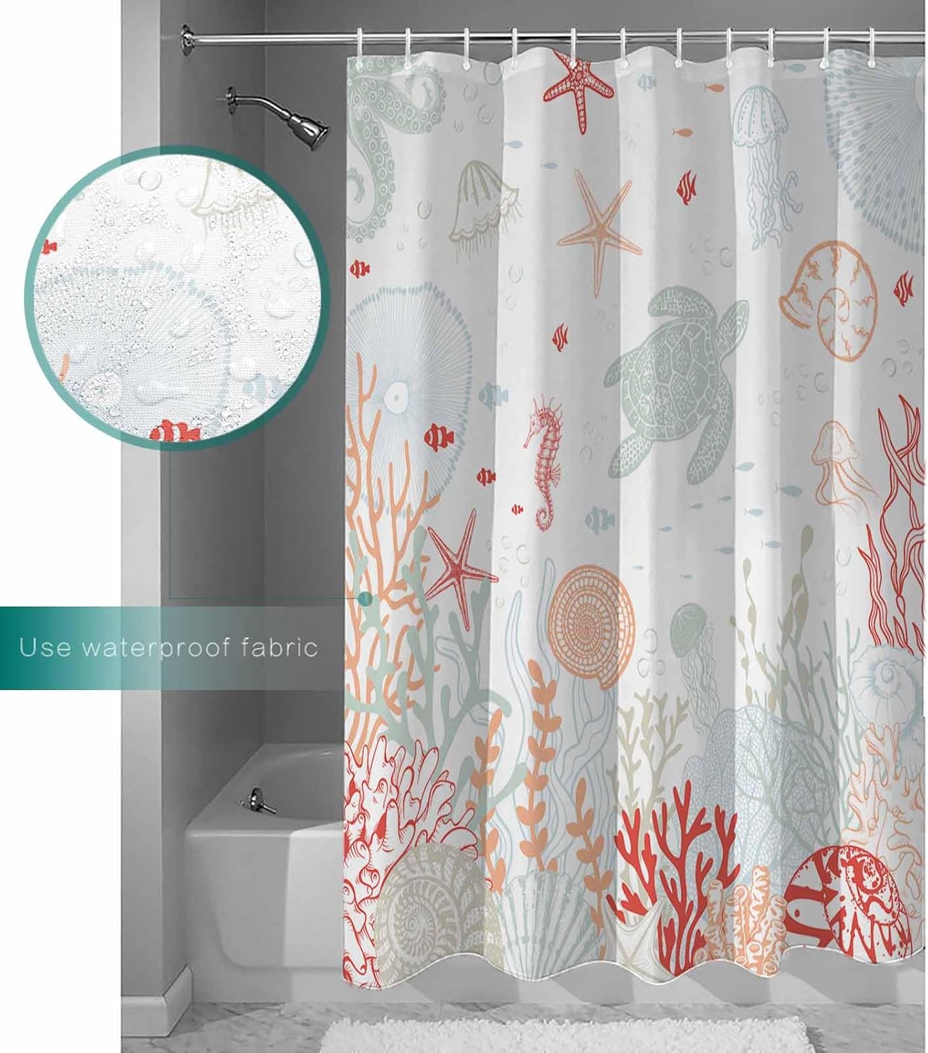 Huotupsine Red Orange Teal Nautical Coastal Shower Curtain Set