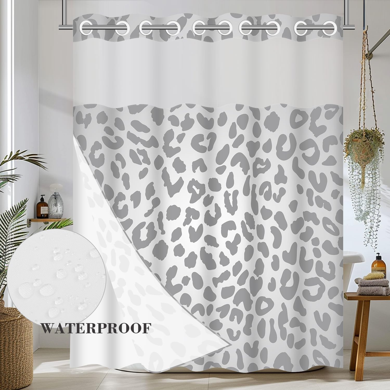 Cognitixx No Hook Shower Curtain Set Snow White and Leopard Grey Scale