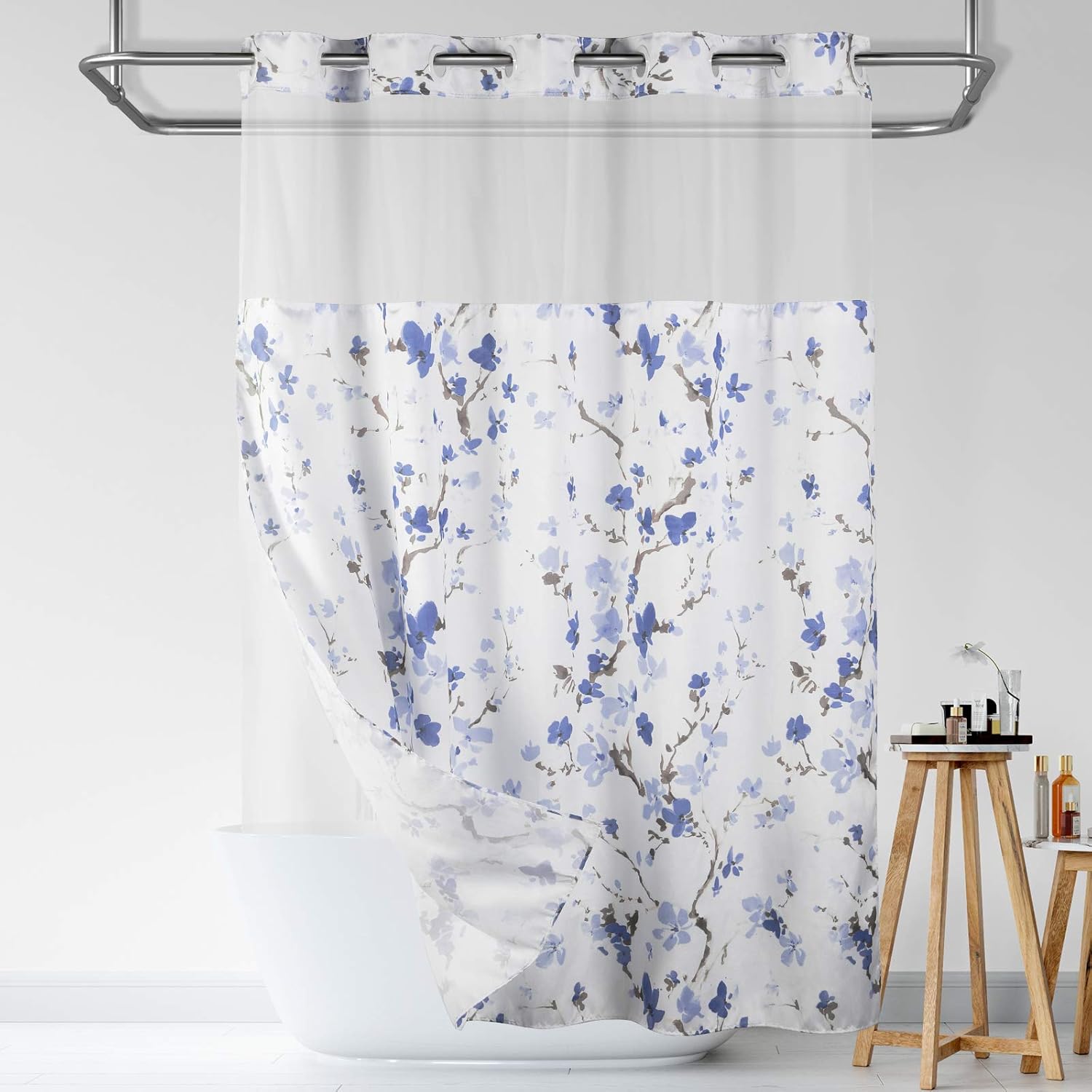Lagute SnapHook Hook Free Shower Curtain with Liner and Mesh Window Blue Blossom