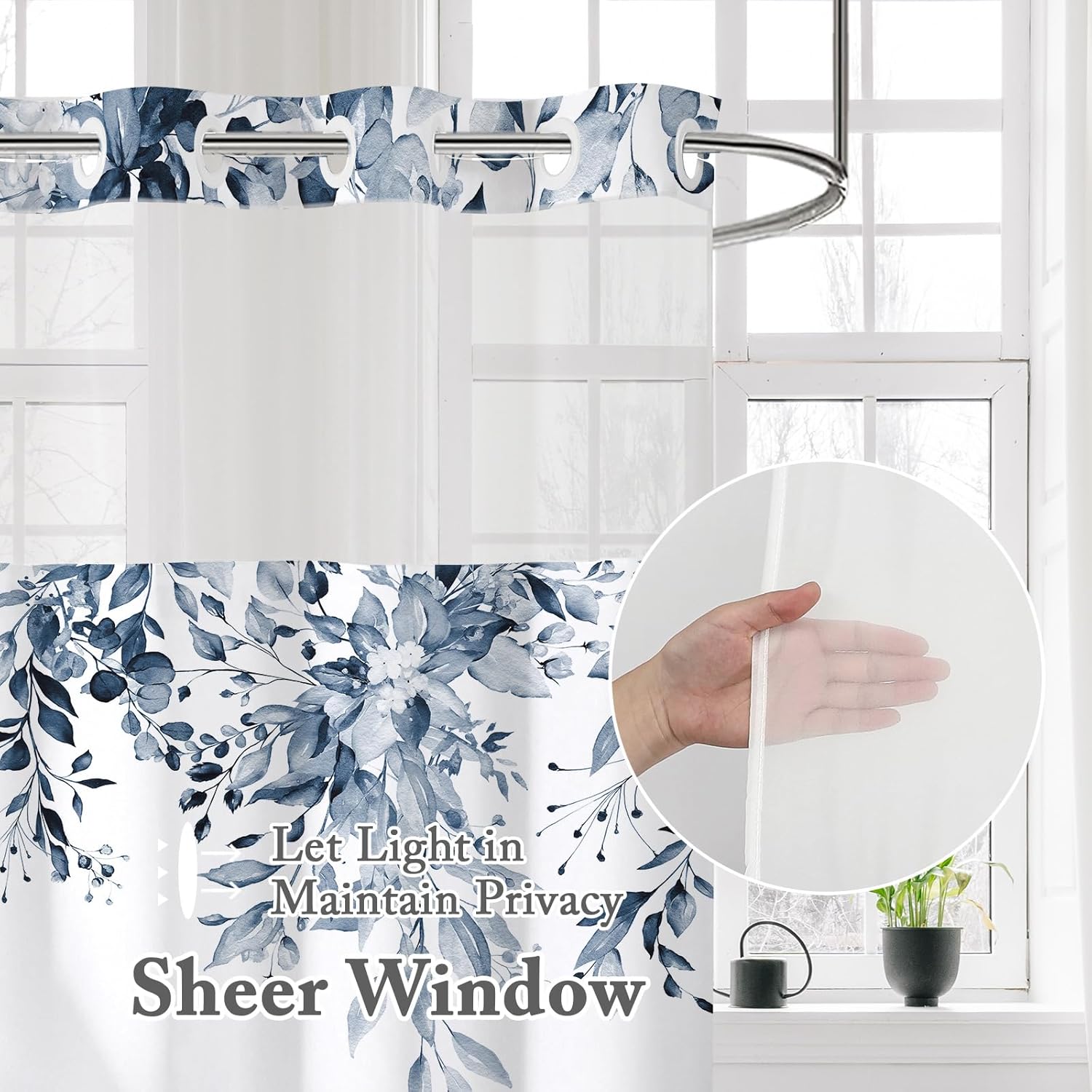 Gibelle No Hook Shower Curtain Set Navy Blue Eucalyptus Leaves