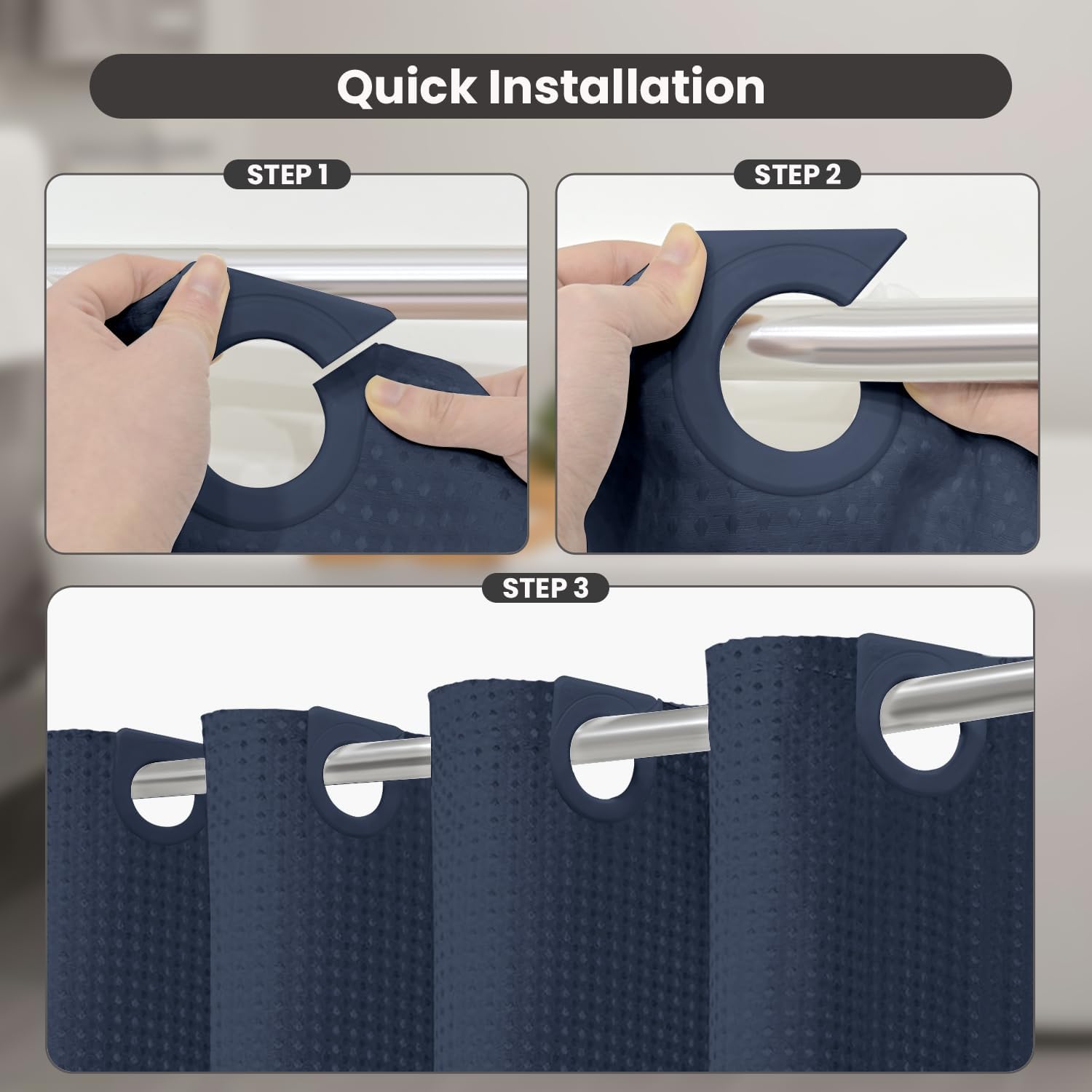 Inhousolu No Hook Waffle Weave Shower Curtain Set Navy Blue
