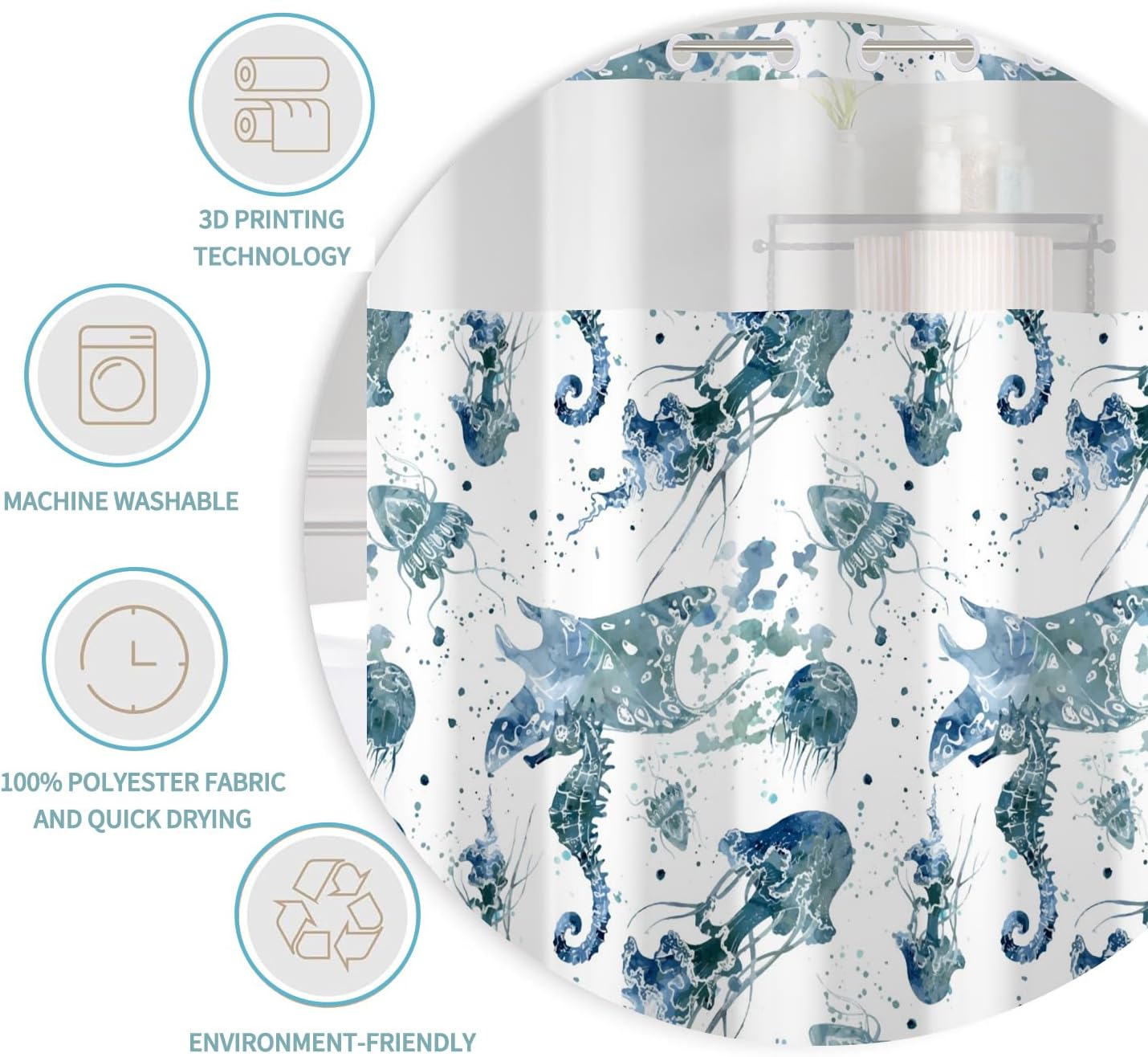 No Hook Shower Curtain with Snap Liner Set 71x74 Inch